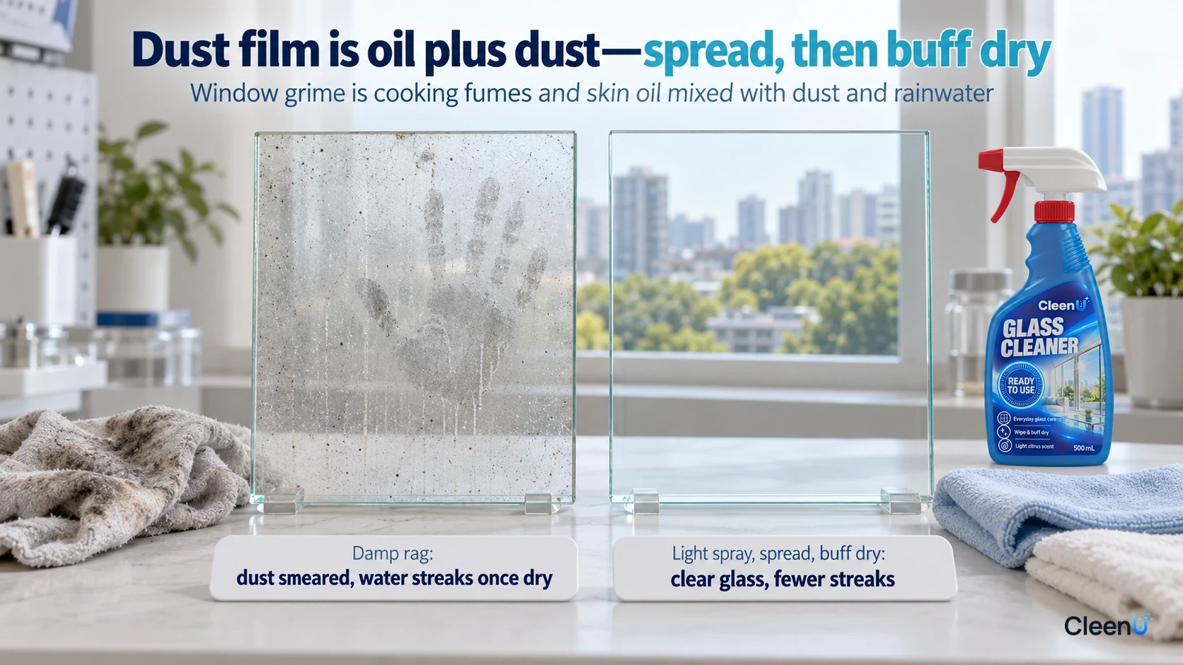 Two glass panels illustrate dust film and cleaned glass beside a trigger bottle and cloths; illustrative comparison.