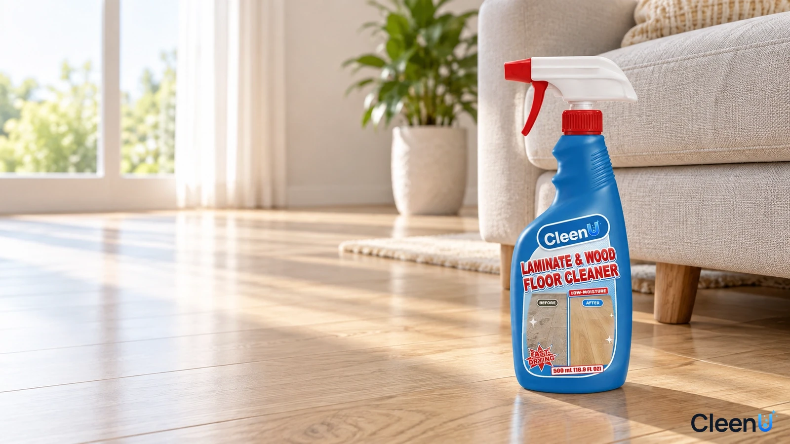 Illustration: A blue cleaner bottle on a sunlit wood-look floor with a light sofa behind it.