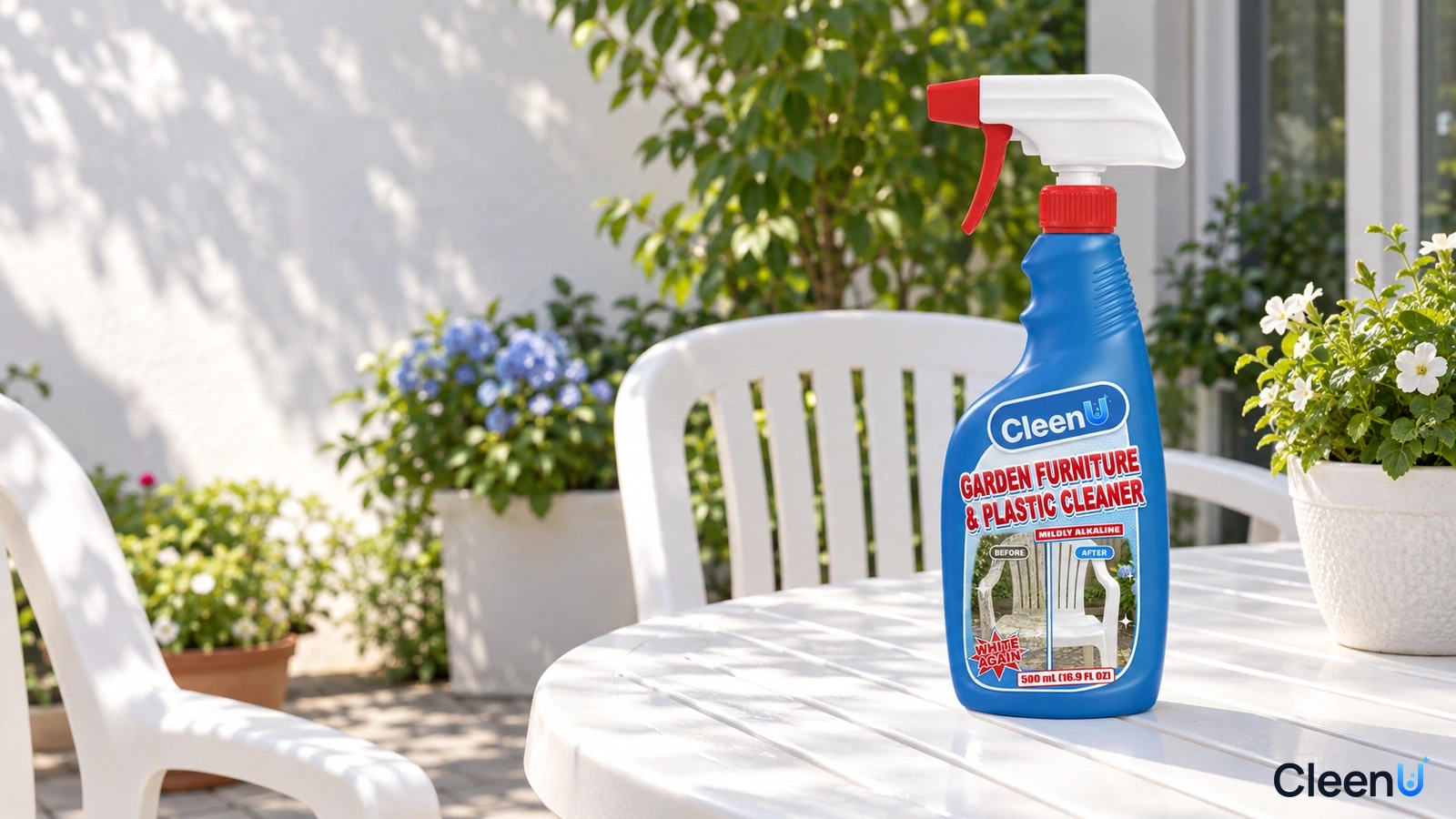 Illustration: A blue cleaner bottle beside white plastic patio furniture in sunlight.