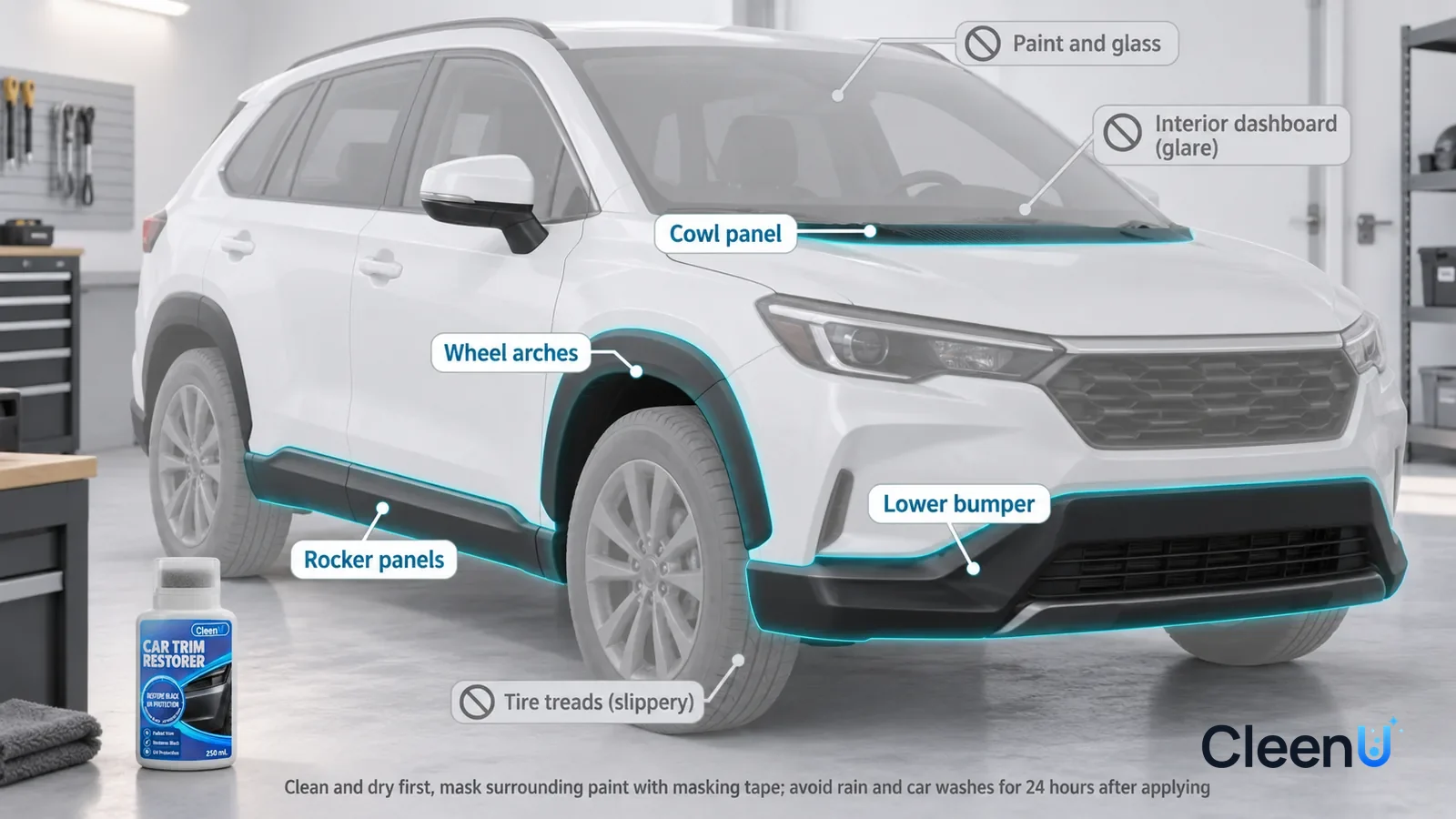 Illustration: CleenU Car Trim Restorer — A realistic 3D cutaway of a bright home garage with a light-colored family car with no logos and no plate