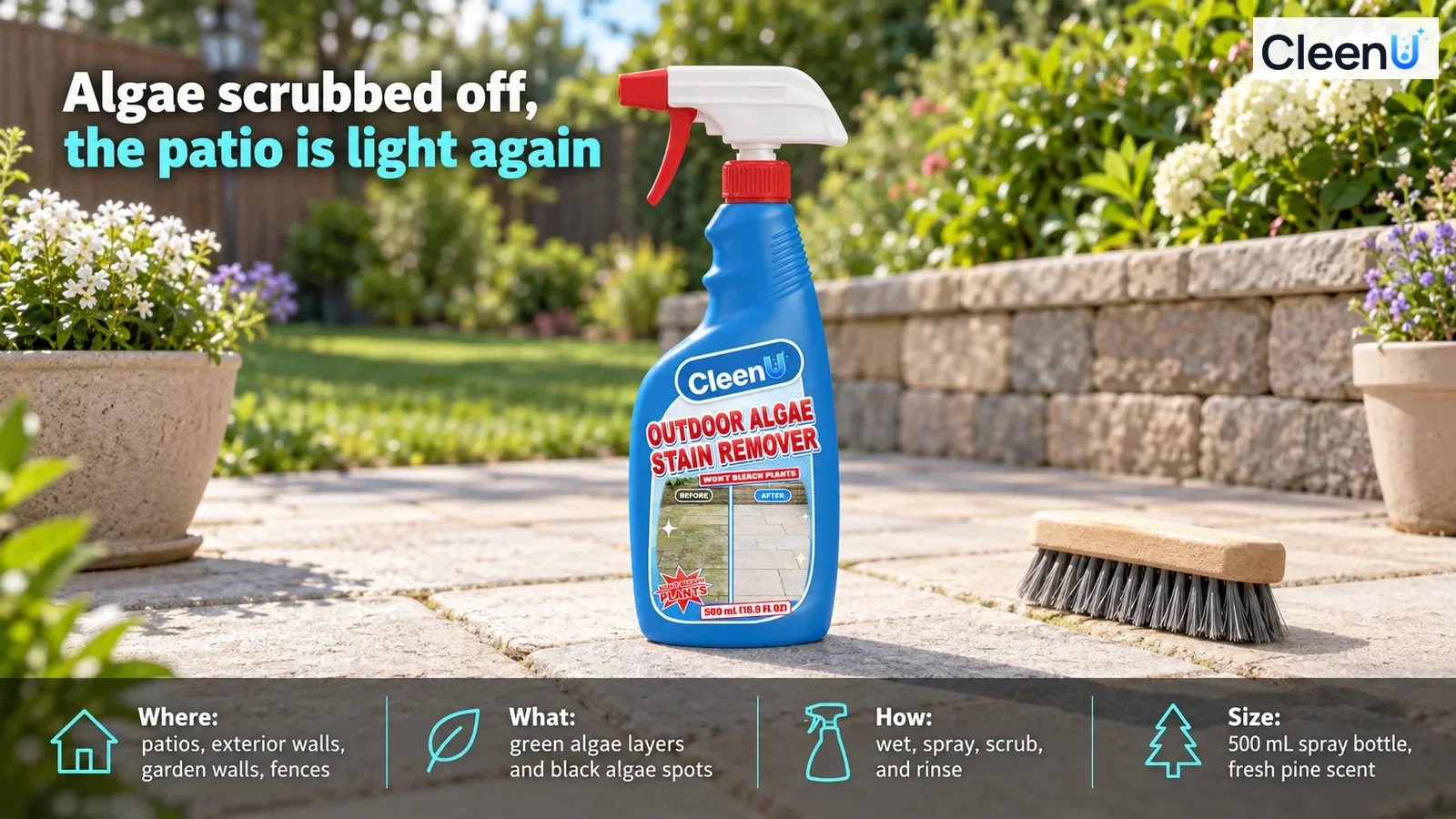 Illustration: A blue cleaner bottle and brush on light patio pavers.