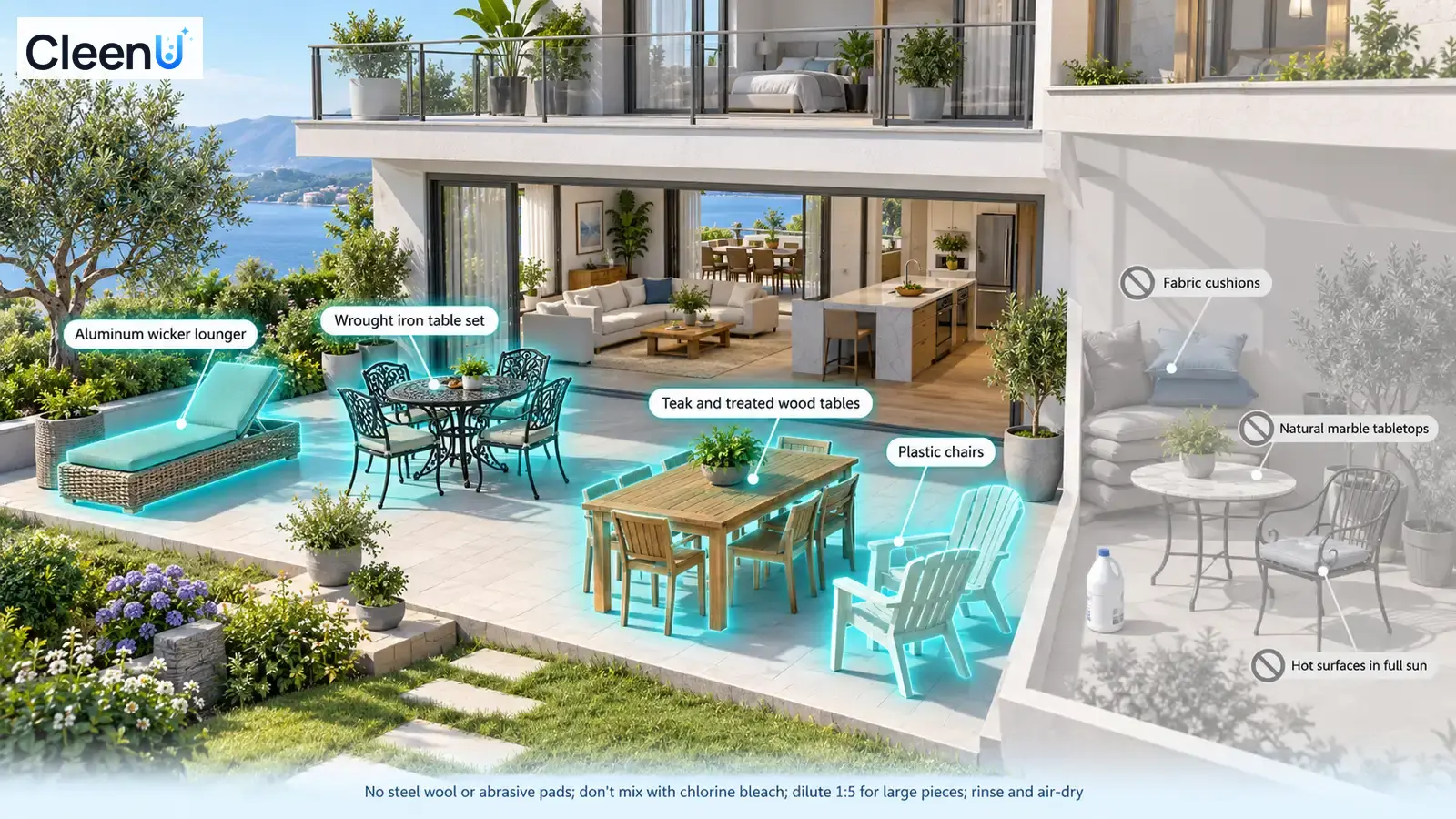 Illustration: Highlighted patio loungers, dining furniture and benches beside material precautions.