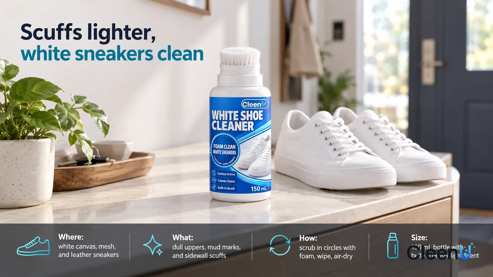 Illustration: CleenU White Shoe Cleaner, brush head up, stands centered on the entryway shoe-cabinet top