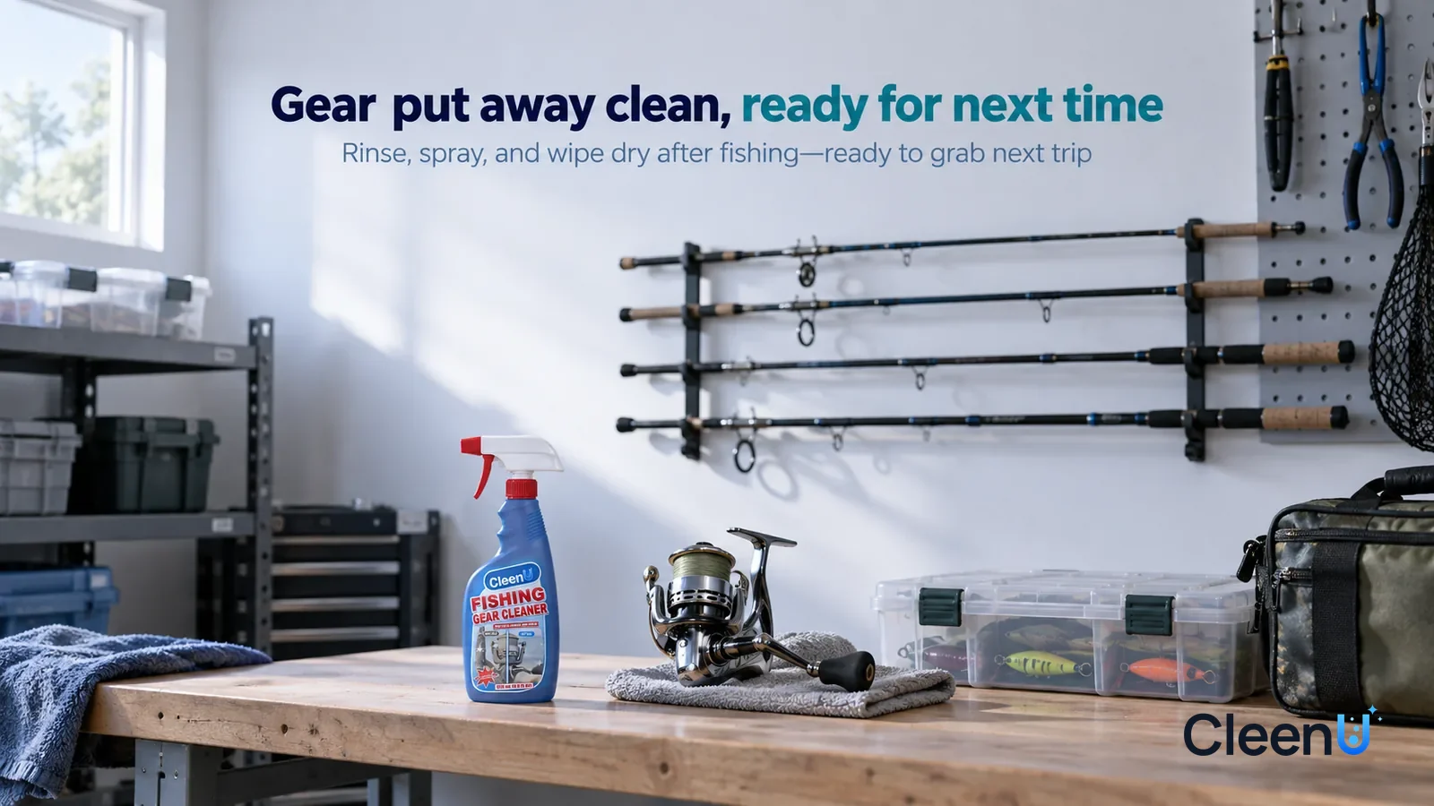 Illustration: CleenU Fishing Gear Cleaner — A bright early-morning home garage, several clean carbon fishing rods hung neatly on the tool wall Headline: "Gear put away clean, ready for next time"