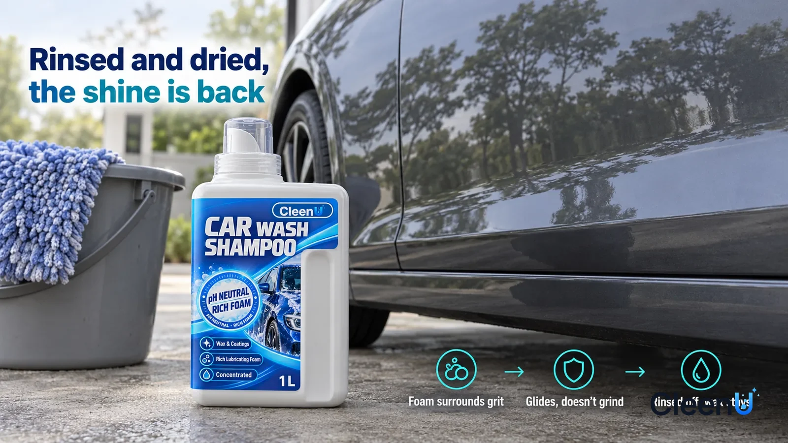 Illustration: CleenU Car Wash Shampoo — the paint is already hand-washed, rinsed and dried, clean as new with all grime, rain streaks, bug spots, foam and water marks gone