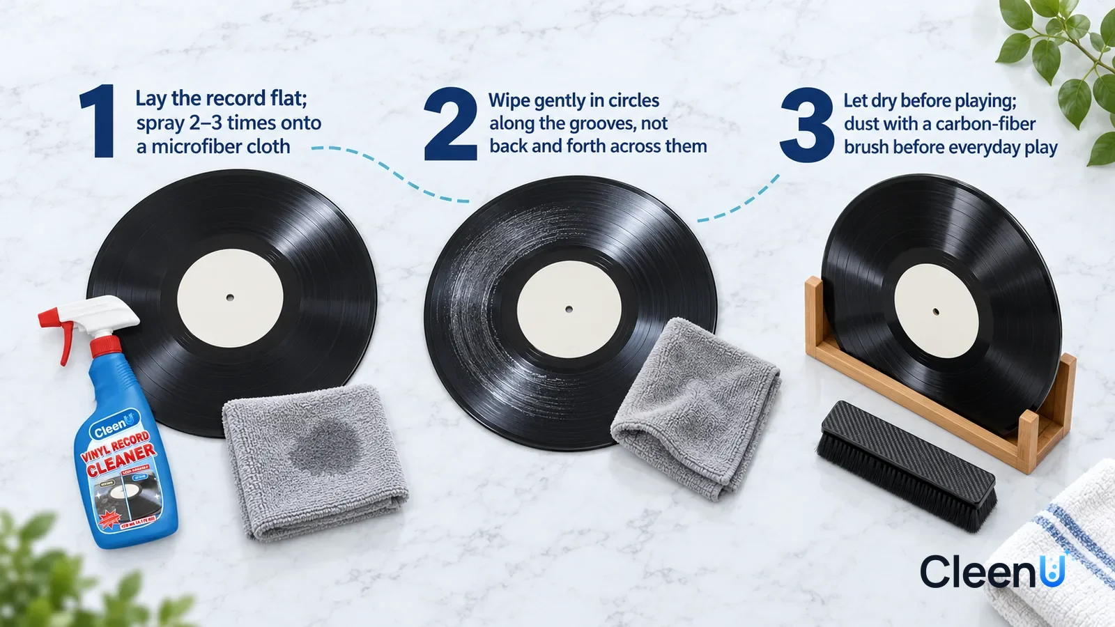 Illustration: CleenU Vinyl Record Cleaner — an overhead shot straight down onto a light marble tabletop, no hands: (1) a vinyl record lying flat (center label plain and blank) and a fo