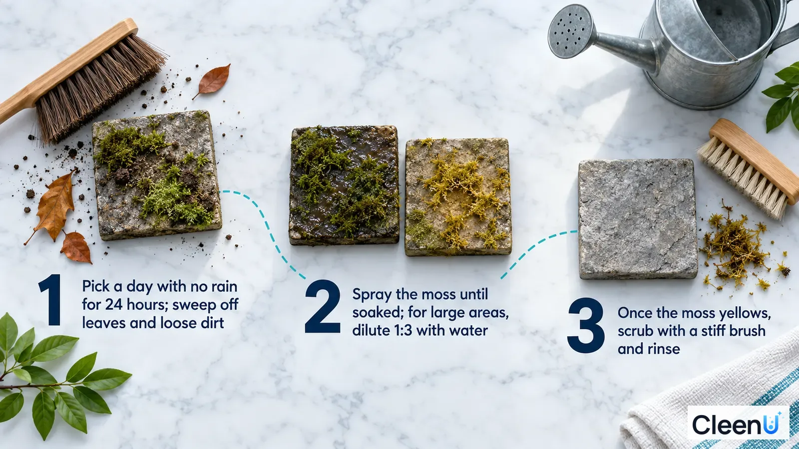 Illustration: A broom, mossy stone samples, watering can and brush with numbered steps.