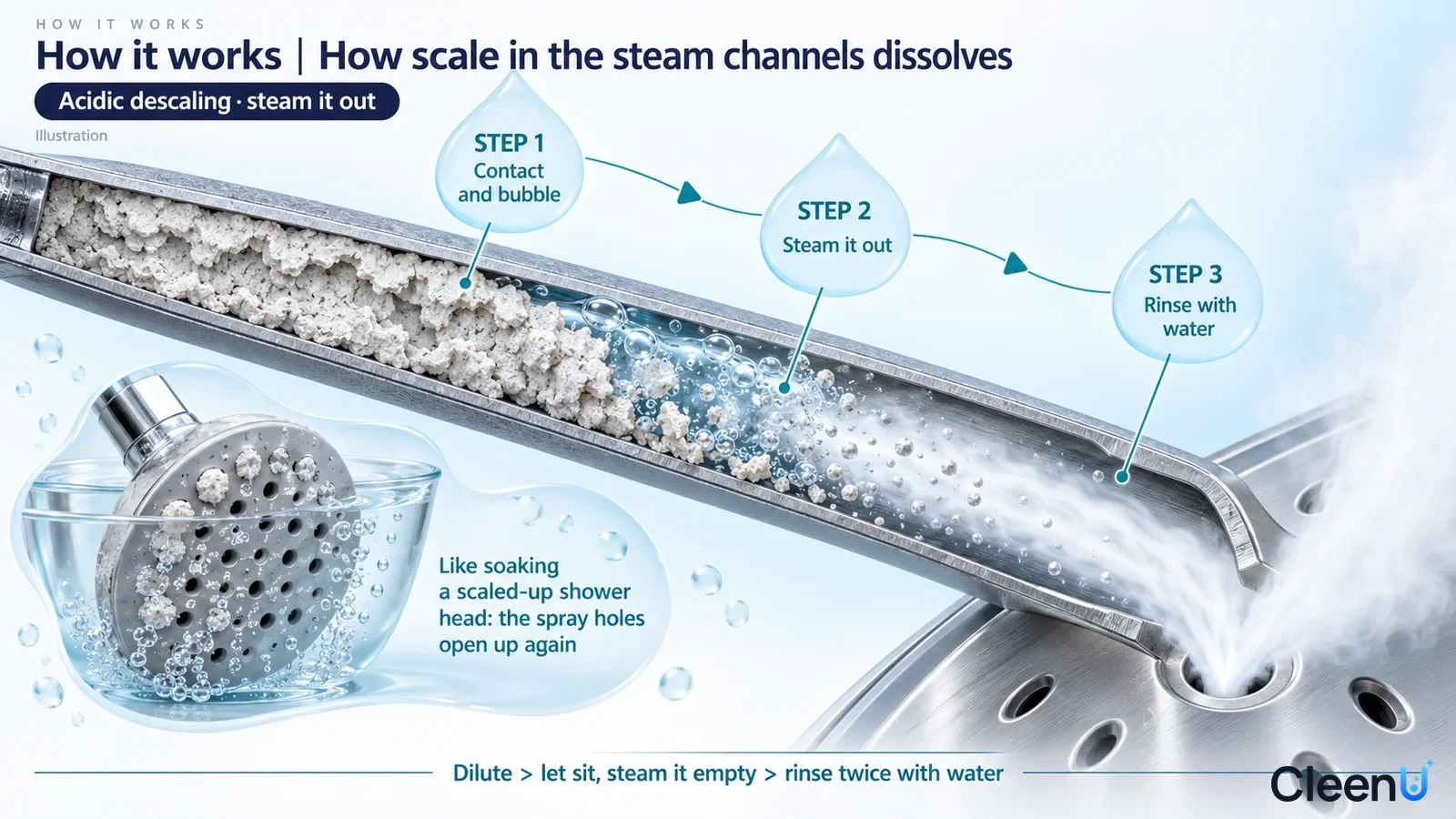 Illustration: An iron steam-channel cross-section with scale, water and steam holes with a showerhead inset.