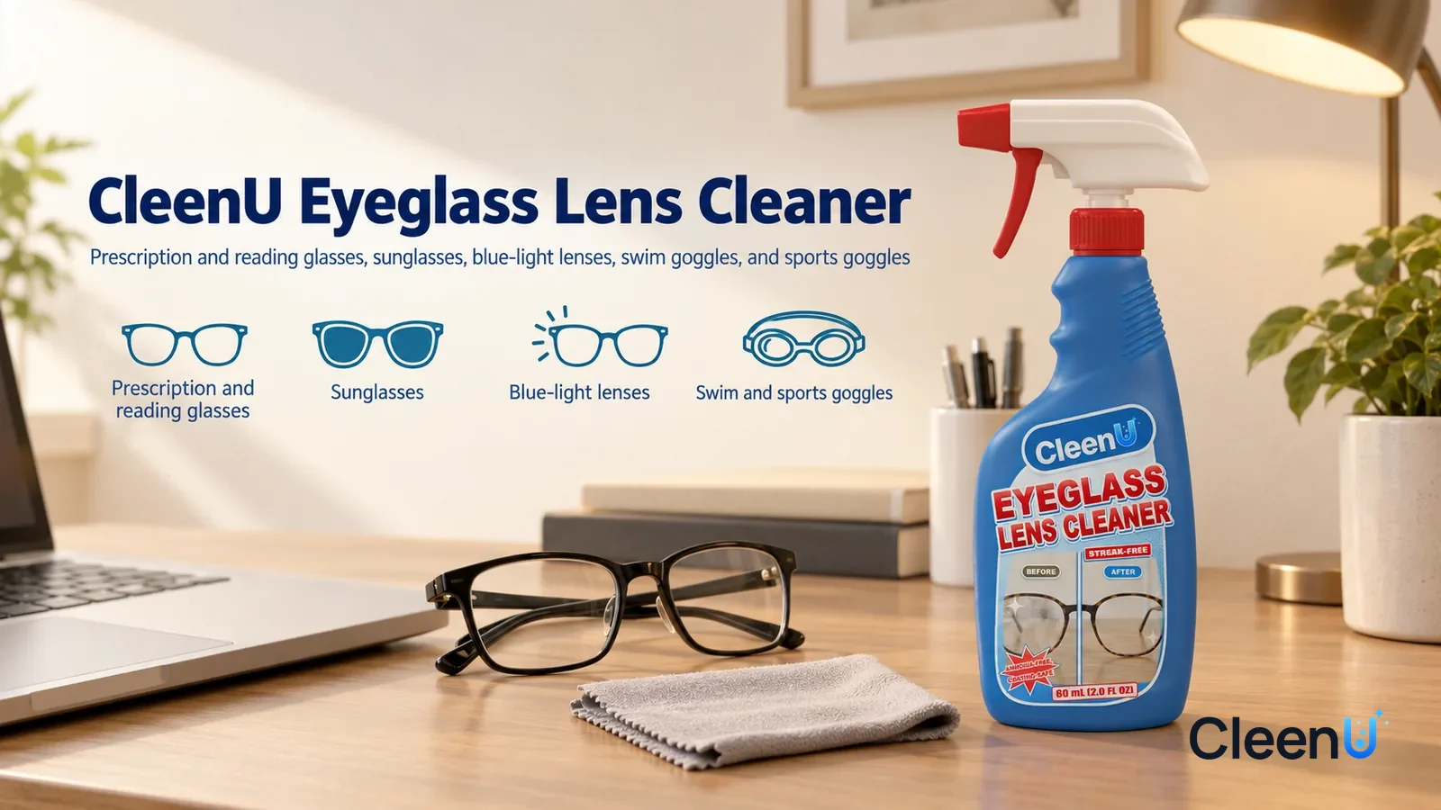 Illustration: CleenU Eyeglass Lens Cleaner — A bright, tidy desk, a pair of cleaned black-framed glasses (no brand marks) folded beside a laptop, the lenses clear