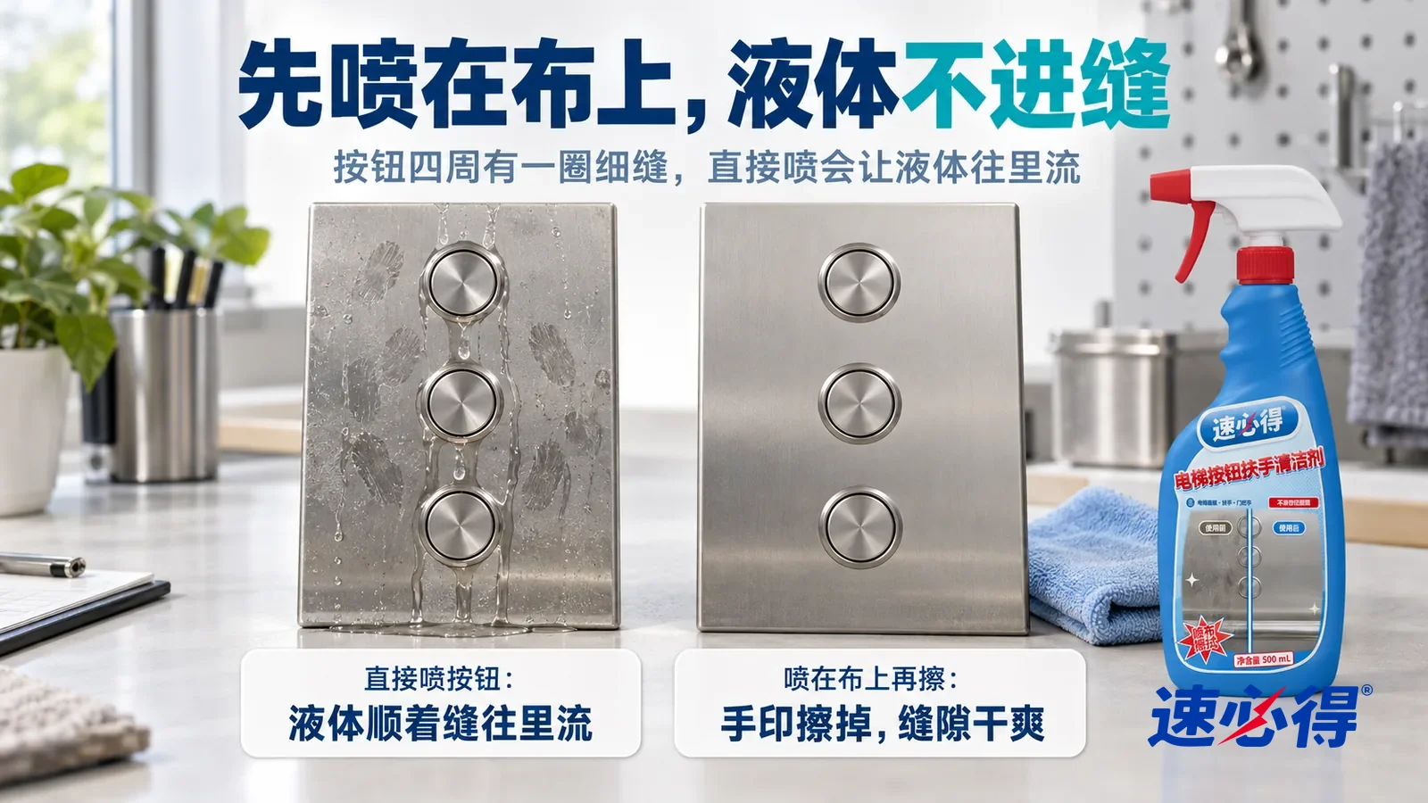 示意图：速必得电梯按钮扶手清洁剂——白色测试台上并排立着两块同样的不锈钢按钮面板样件，各有三个圆形按钮，周围都有一样的手印，标题“先喷在布上，液体不进缝”