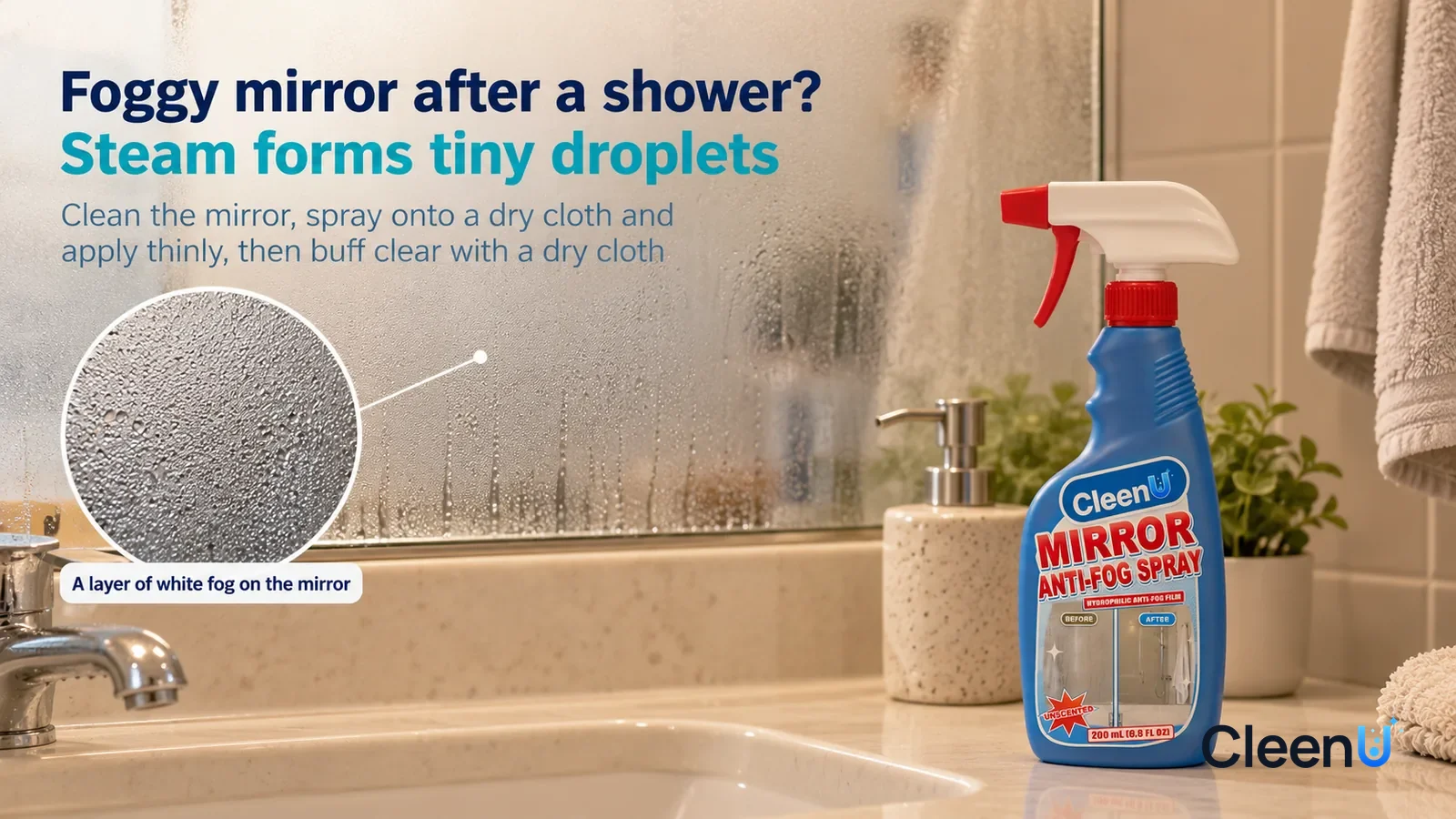 Illustration: CleenU Mirror Anti-Fog Spray — An everyday small bathroom right after a hot shower, the mirror above the vanity covered in white fog, the reflection unreadable Headline: "Foggy mirror af