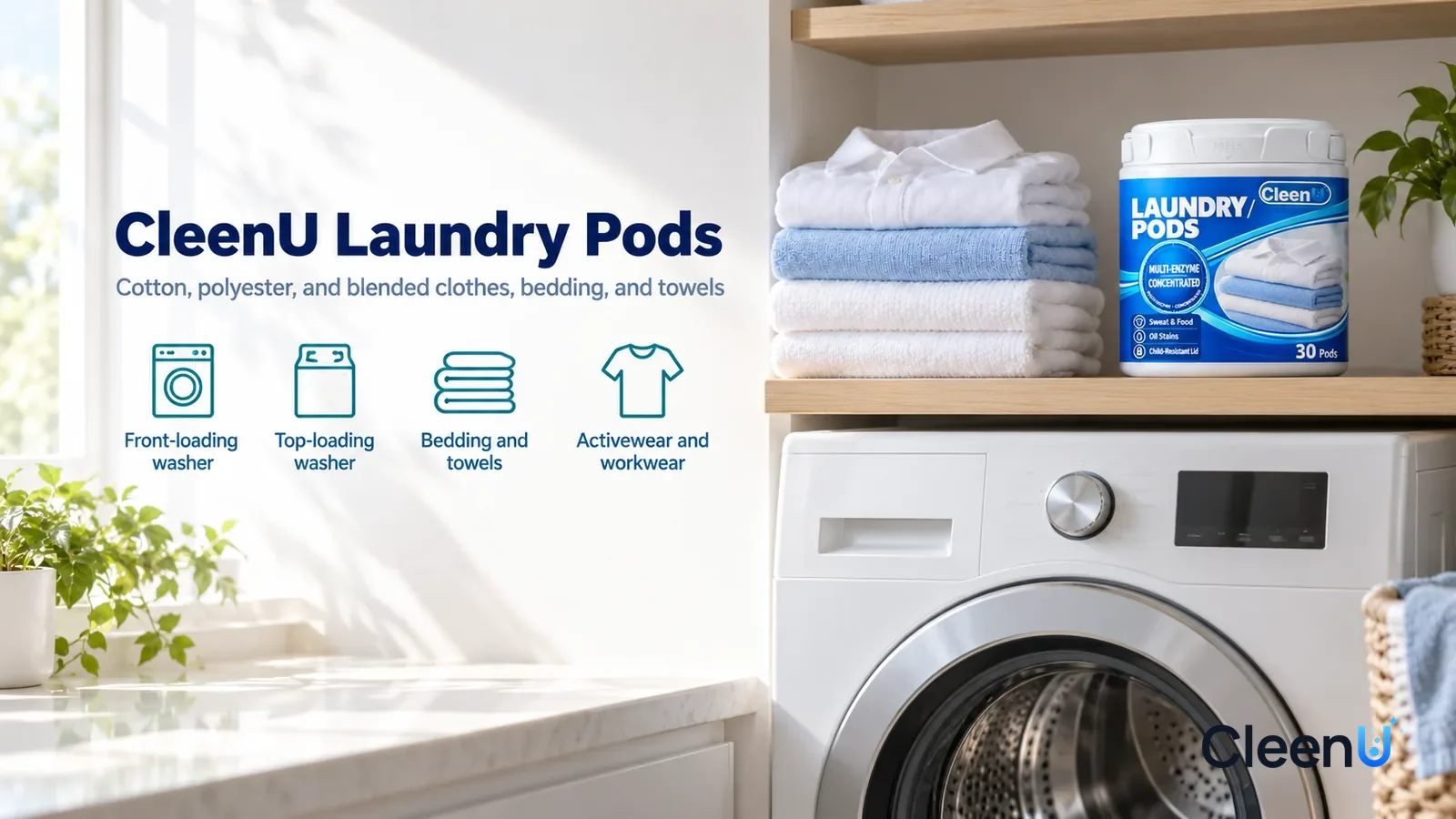 Illustration: CleenU Laundry Pods — A bright, tidy home laundry room, a front-loading washer (no brand marks)
