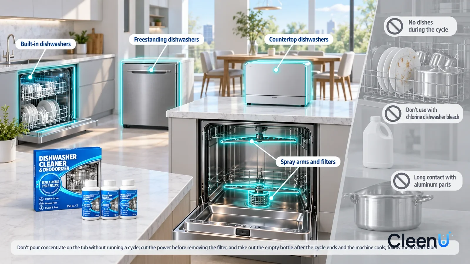 Illustration: CleenU Dishwasher Cleaner & Deodorizer — A realistic 3D cutaway of a bright home's kitchen, dining area, and kitchenette, one continuous space from one viewpoint