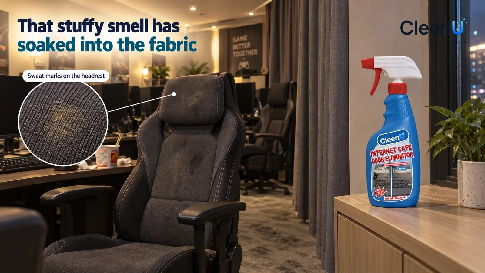 Illustration: CleenU Internet Cafe Odor Eliminator — An internet cafe seating area after the evening rush, a row of dark grey fabric gaming chairs, warm overhead lights