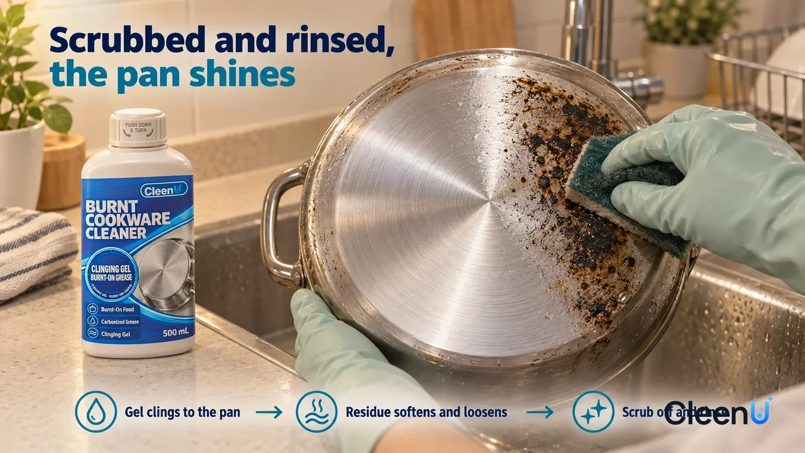 Illustration: CleenU Burnt Cookware Cleaner — In a home kitchen sink, low close-up of the bottom of a stainless pot (no brand marks): one rubber-gloved hand is scrubbing with a scouring