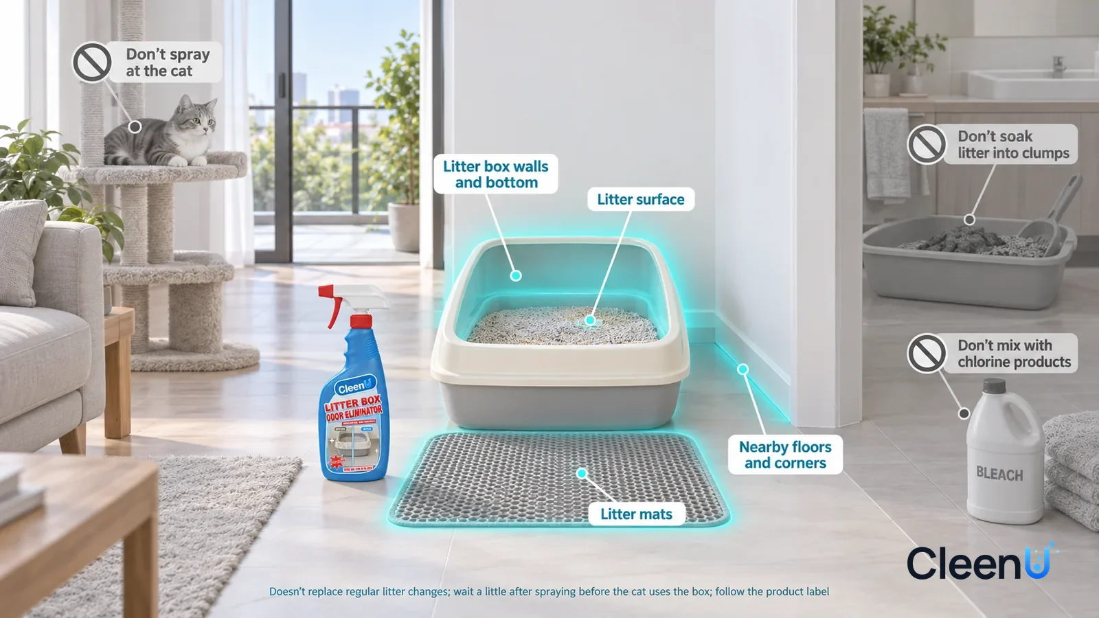 Illustration: CleenU Litter Box Odor Eliminator — A realistic 3D cutaway of a bright home's living room, balcony, and bathroom, one continuous space from one viewpoint