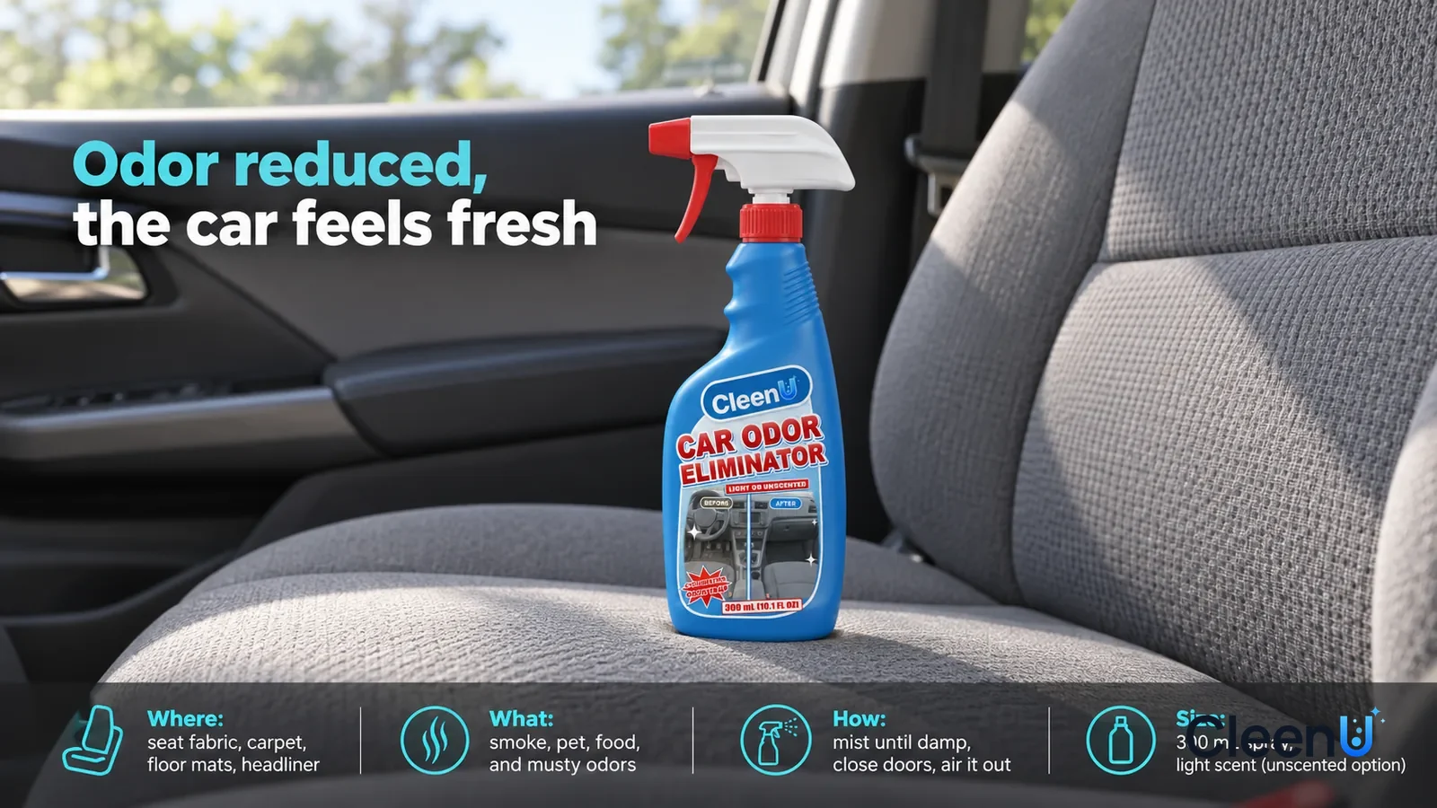 Illustration: CleenU Car Odor Eliminator stands centered on the passenger seat cushion, the dry, tidy cabin and a half-open window softly blurring into the distance behi