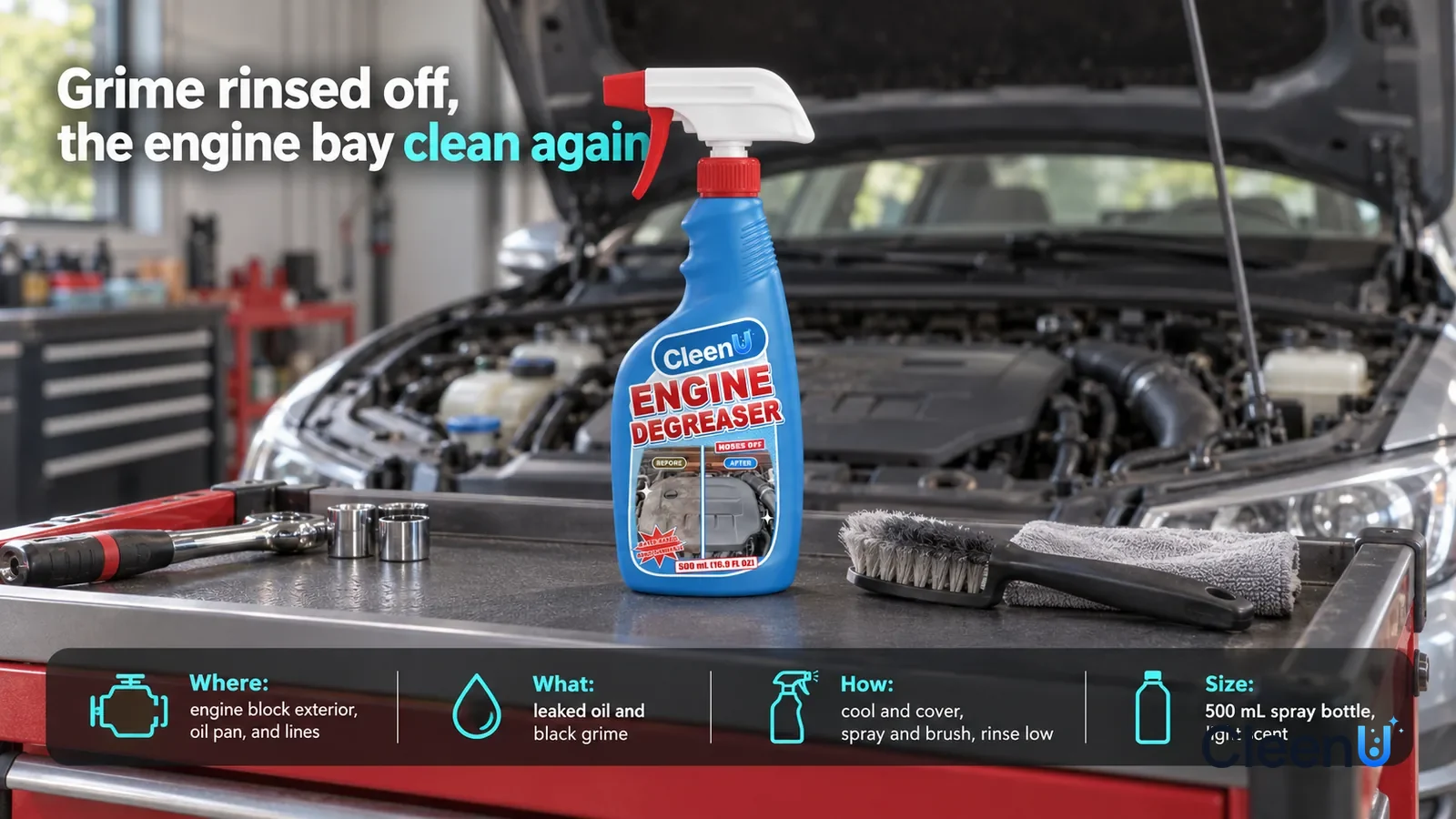 Illustration: CleenU Engine Degreaser stands centered on a garage tool cart, a soft-bristle brush beside it, behind it a family sedan (no logos