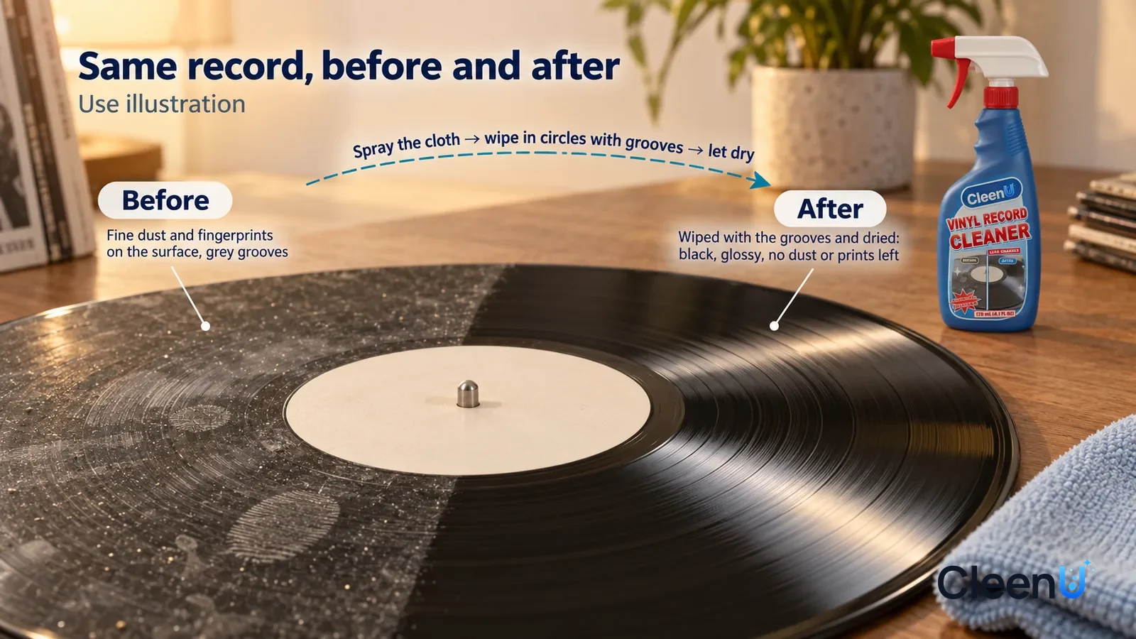 Illustration: CleenU Vinyl Record Cleaner — A full-screen low-angle close-up of a vinyl record surface in the same side light