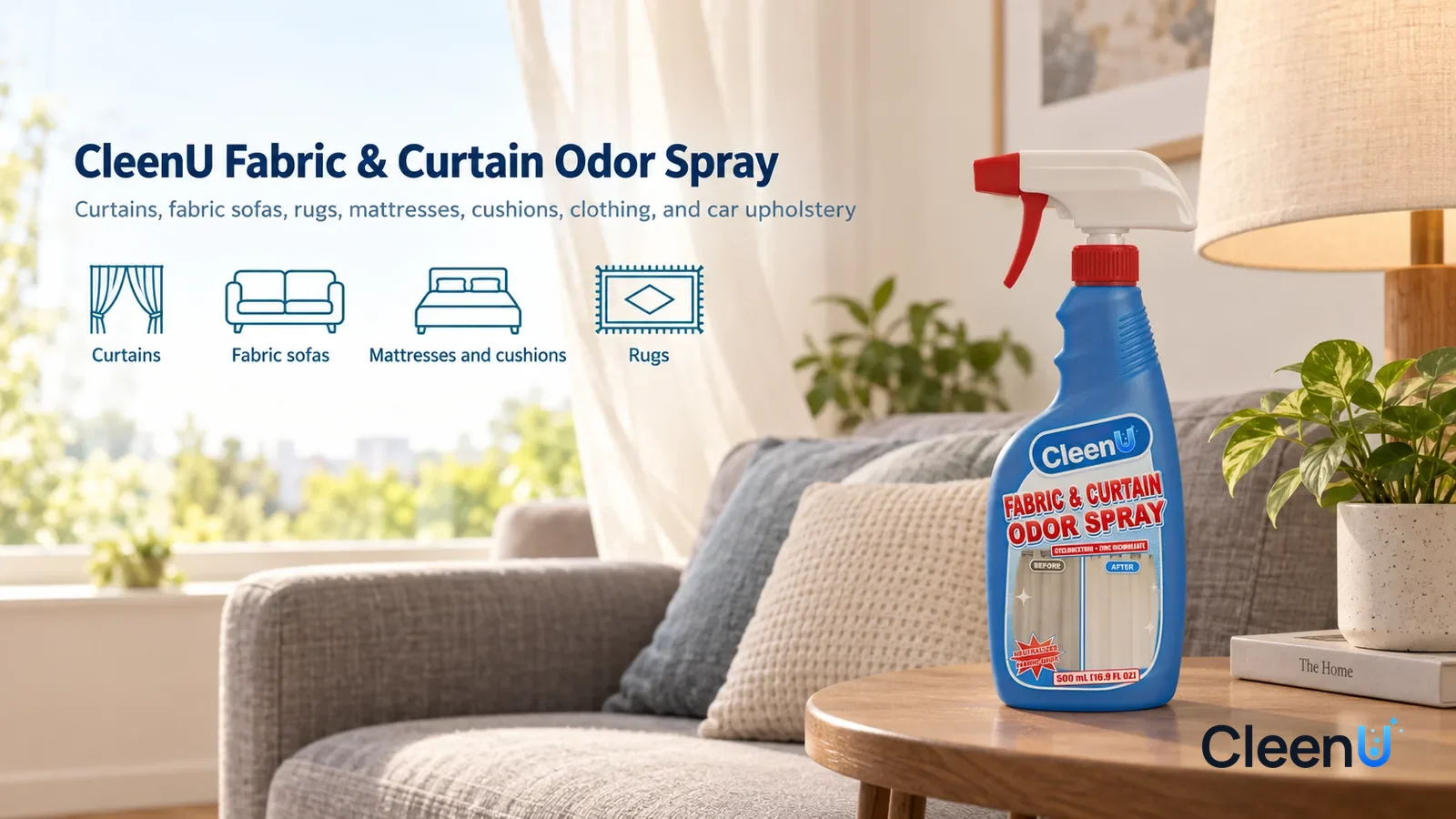 Illustration: CleenU Fabric & Curtain Odor Spray — A bright, airy living room, the window open, a cream linen curtain gently billowing