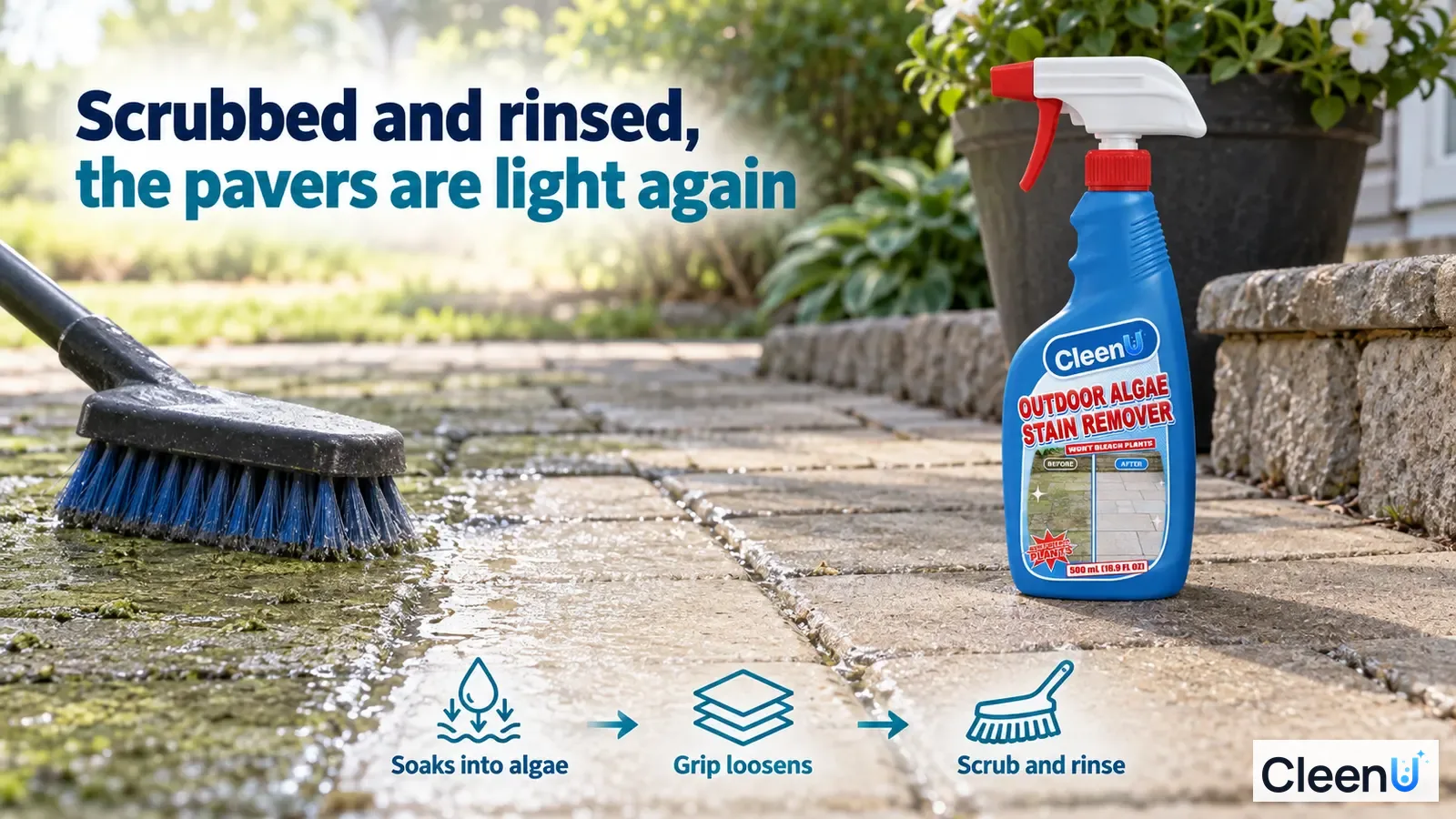 Illustration: A brush washing algae-marked wet pavers beside a blue cleaner bottle.