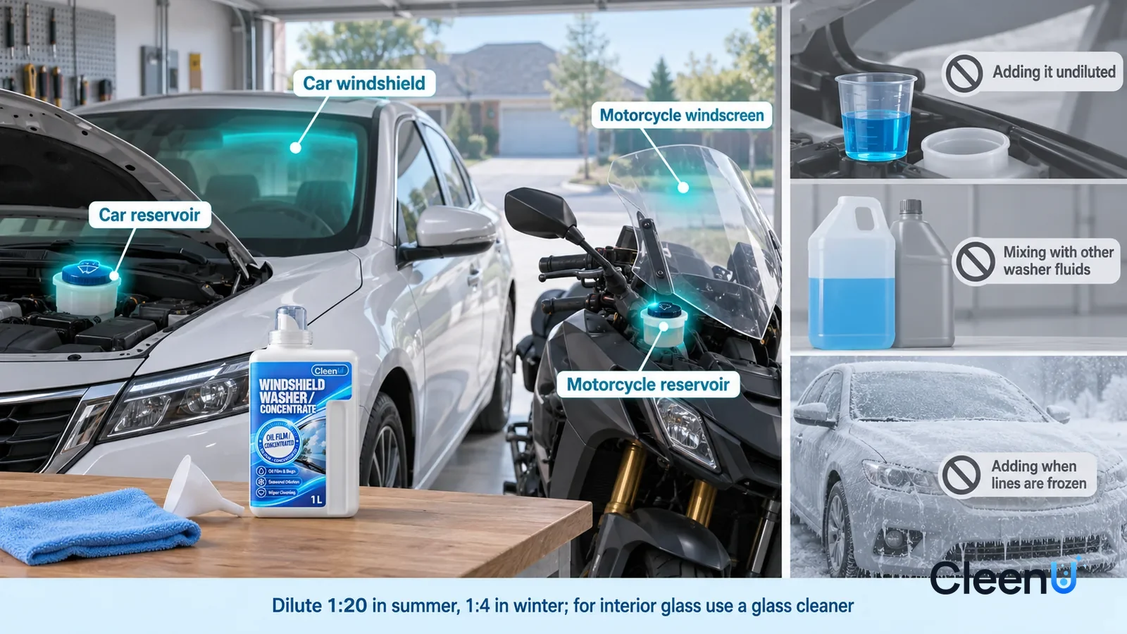 Illustration: CleenU Windshield Washer Concentrate — A realistic 3D cutaway of a bright home garage connected to the driveway, one continuous space from one viewpoint