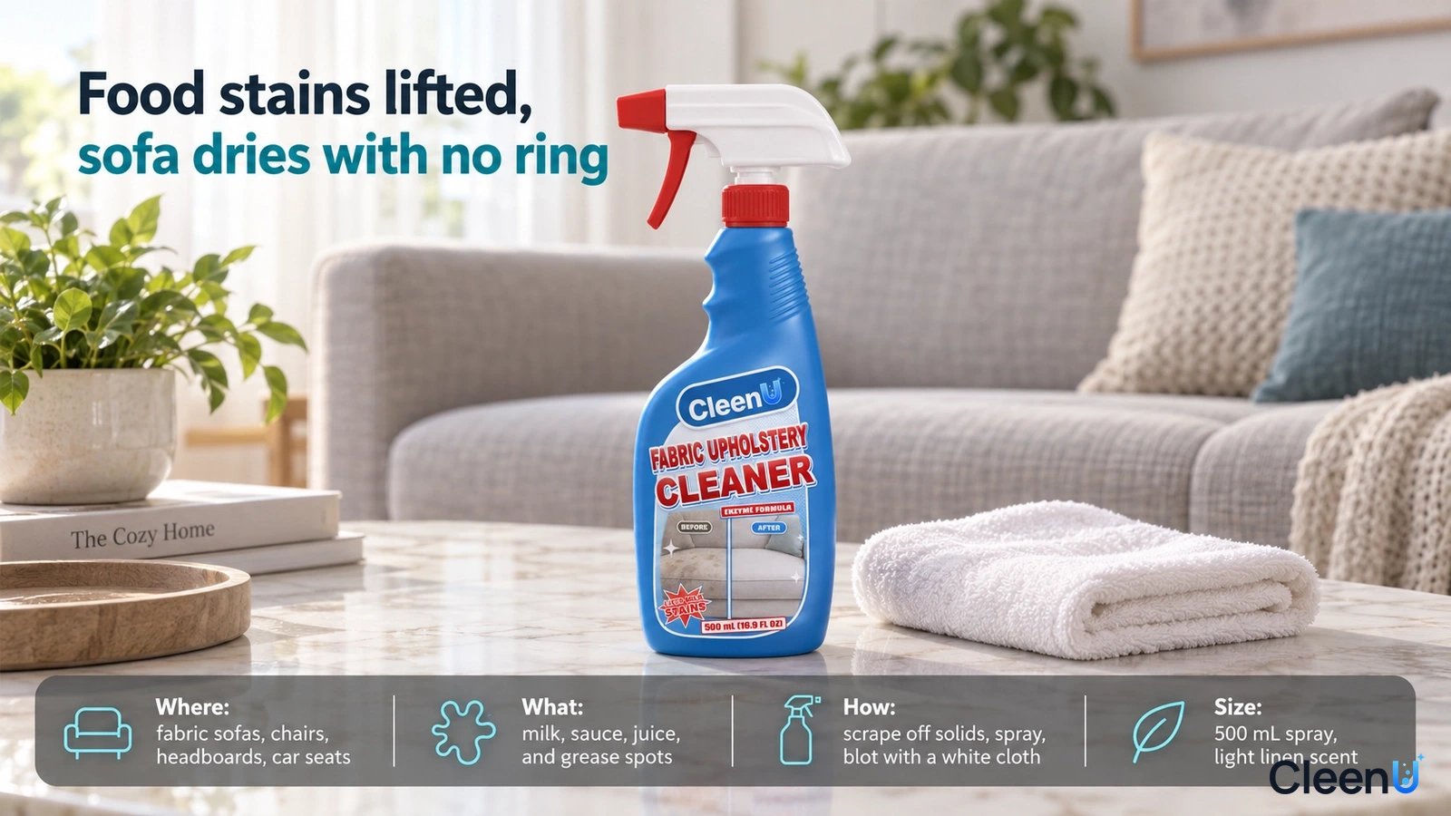 Illustration: A blue cleaner bottle and folded white cloth in front of a gray sofa.