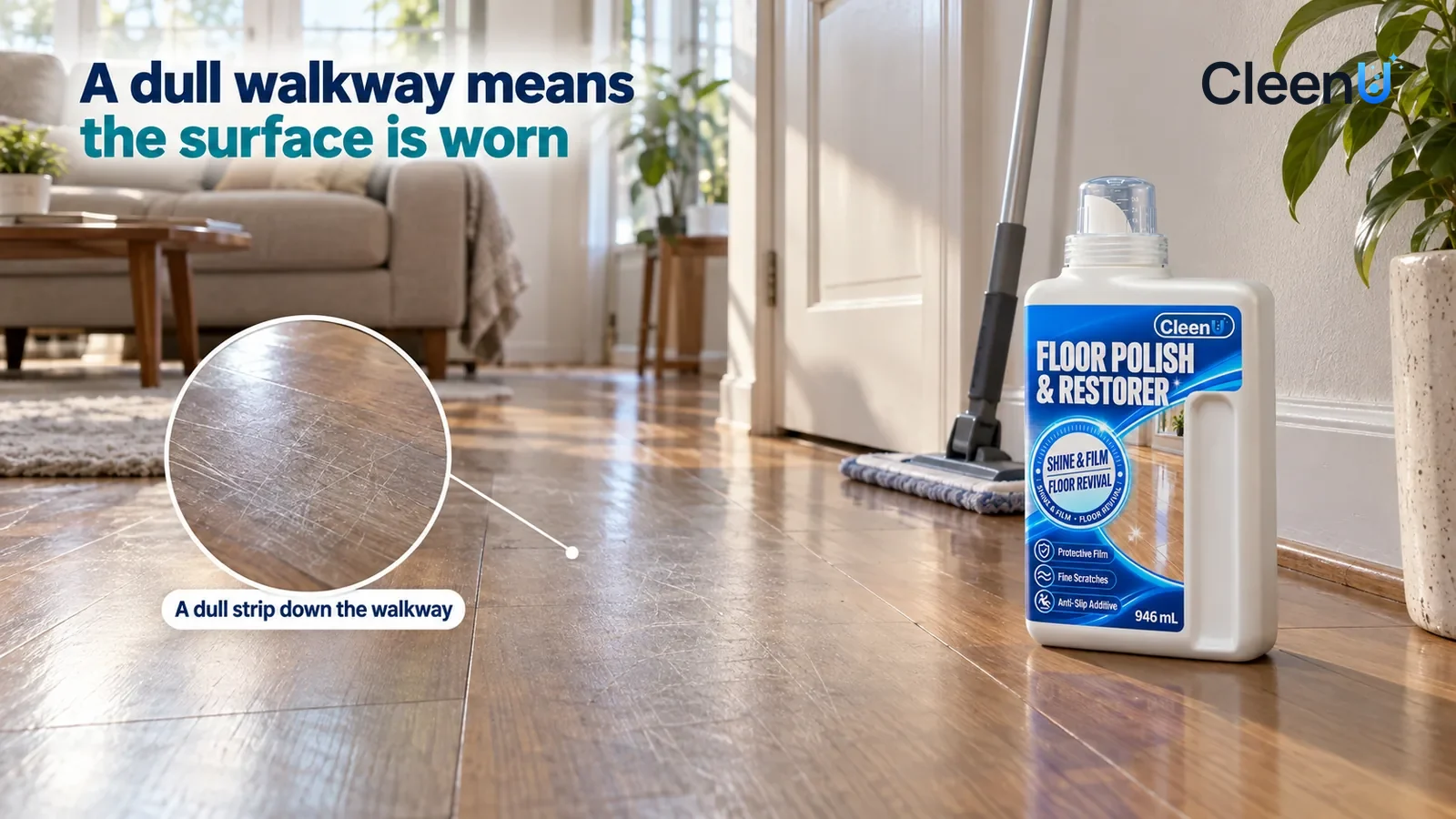 Illustration: CleenU Floor Polish & Restorer — A plain living room; in slanting window light the strip of laminate floor from the door to the sofa looks dull