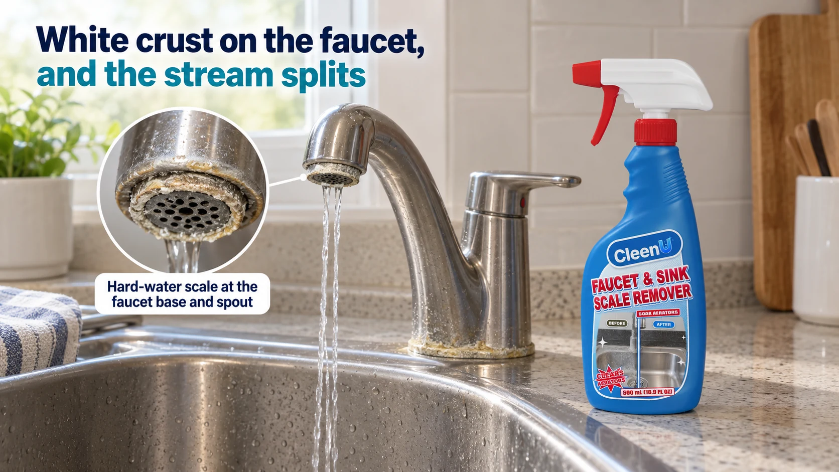 Illustration: White scale on a faucet outlet and base beside a blue descaler bottle and aerator close-ups.