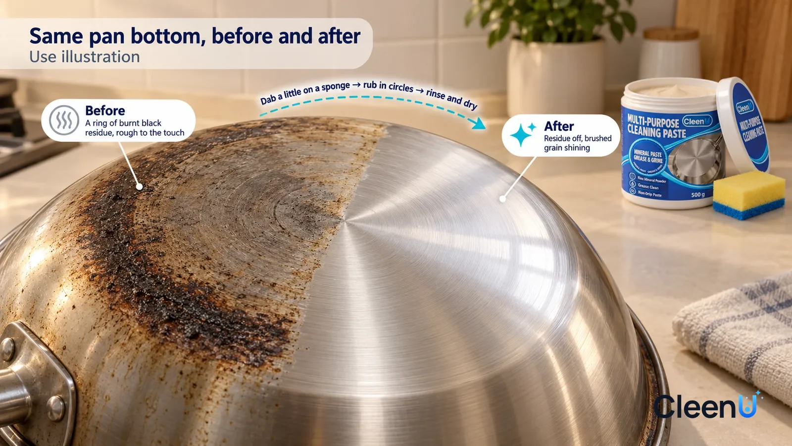 Illustration: CleenU Multi-Purpose Cleaning Paste — A full-screen low-angle close-up of the bottom of an upturned stainless wok