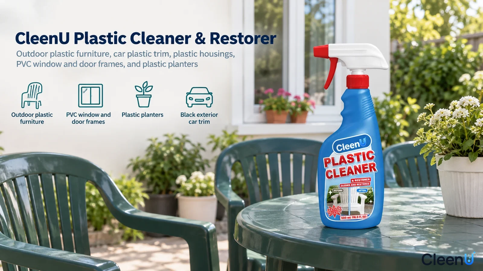 Illustration: A blue cleaner bottle beside green plastic garden furniture with use icons.