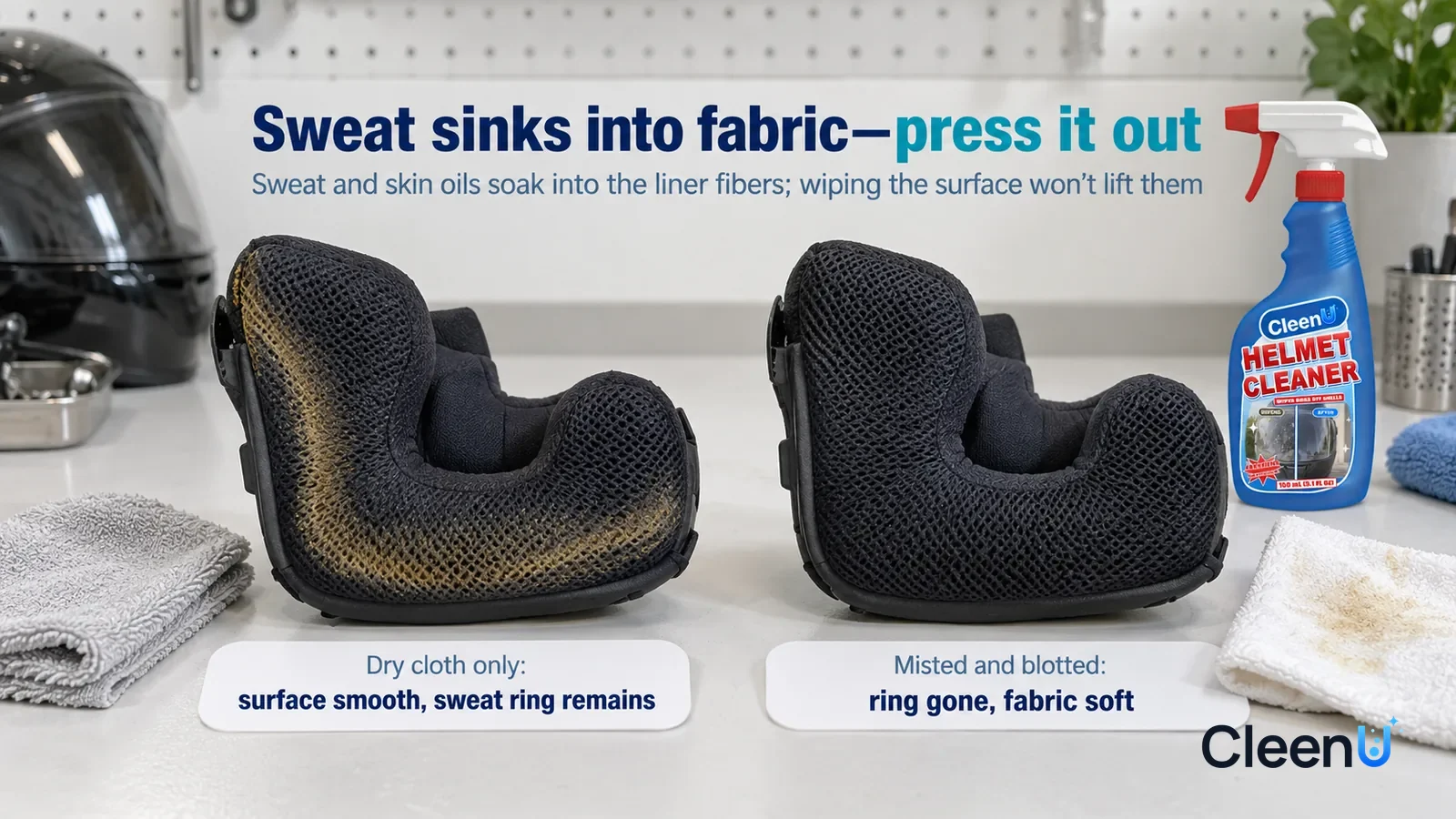 Illustration: CleenU Helmet Cleaner — A landscape medium close-up of a small experiment in a cleaning lab: two identical black mesh helmet cheek pads side by side on a white test Headline: "Sweat sink