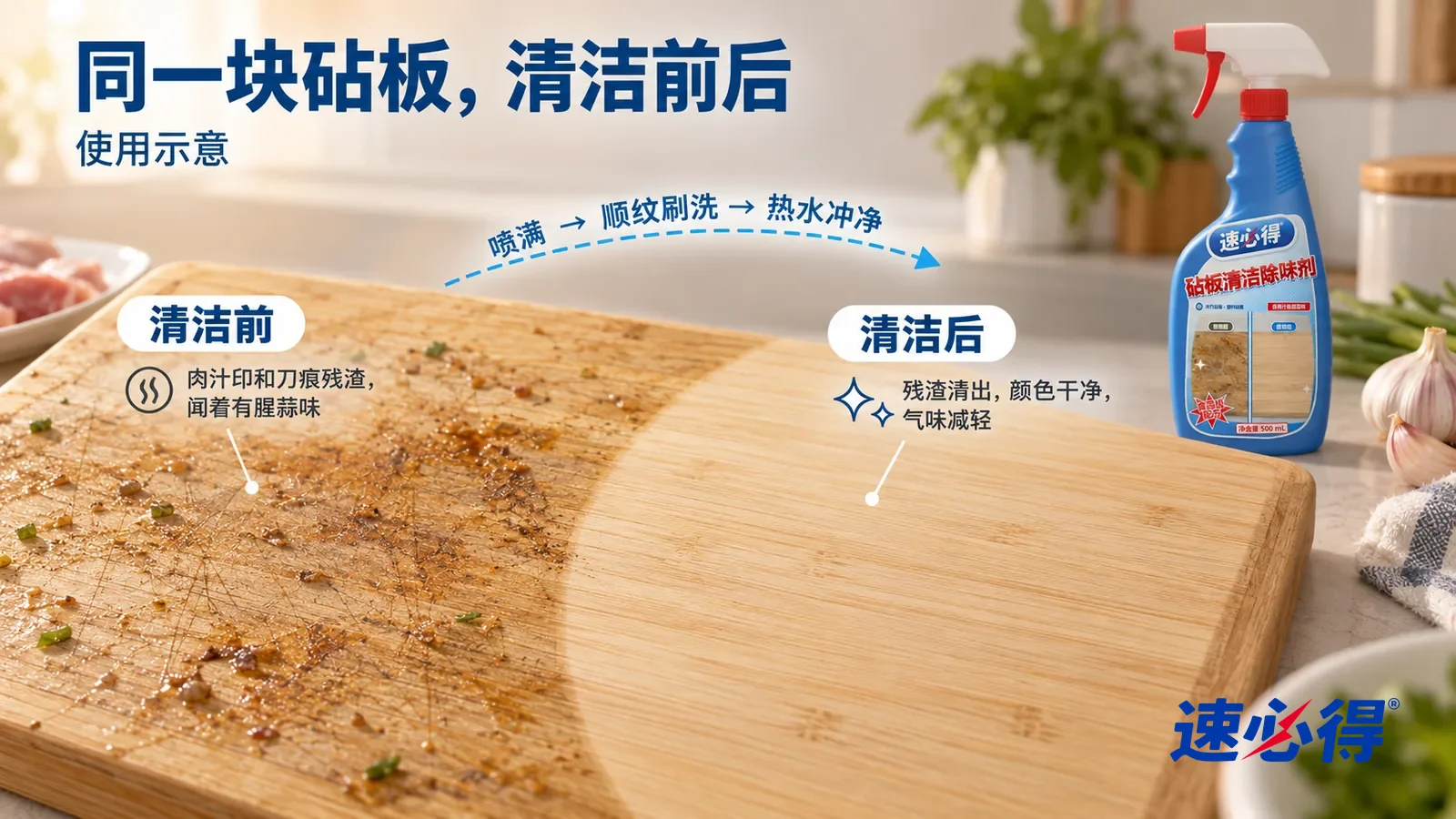 示意图：速必得砧板清洁除味剂——整屏一块竹砧板表面的低角度大近景，同一侧光，没处理的一半几处淡黄褐色肉汁印，刀痕里卡着细碎残渣，颜色发暗；处理过的一半颜色浅而均匀