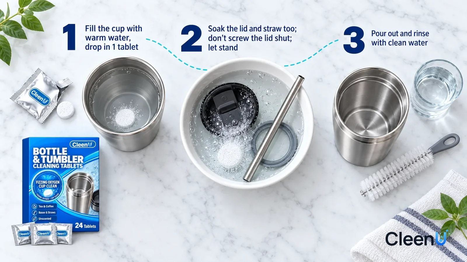 Illustration: CleenU Bottle & Tumbler Cleaning Tablets — an overhead shot straight down onto a light marble tabletop, no hands: (1) a torn-open silver foil pouch and one white round tablet taken fr