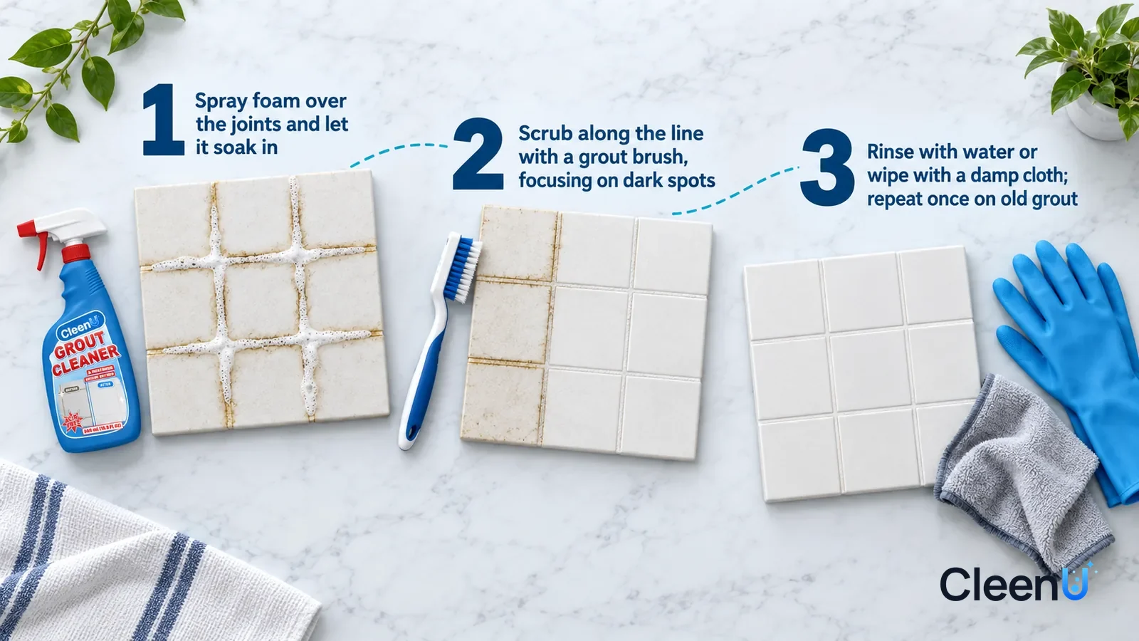 Illustration: CleenU Grout Cleaner & Restorer — an overhead shot straight down onto a light marble tabletop, no hands, one small bottle of our product lying flat beside group 1: (1) a whit