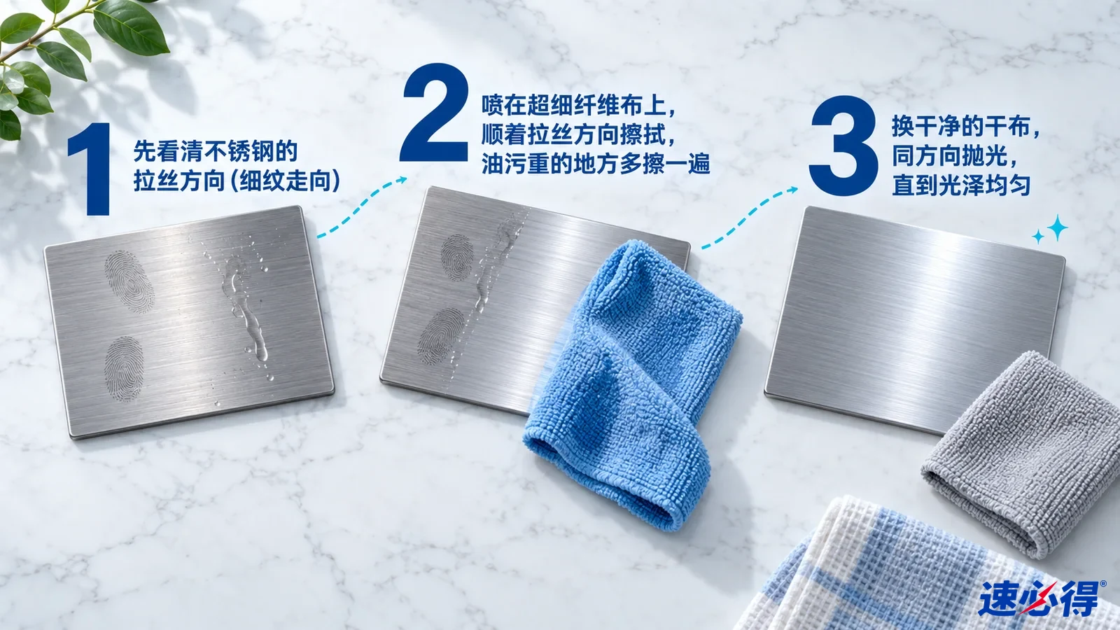 示意图：带指纹的弯曲不锈钢样片与蓝灰色清洁布，配有编号步骤。