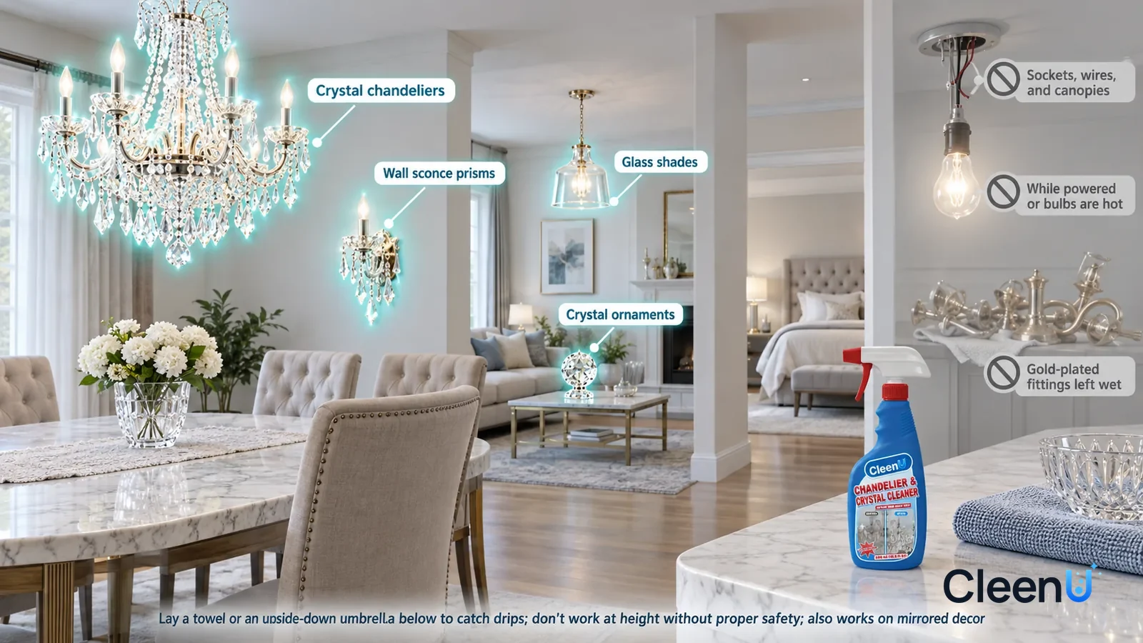 Illustration: CleenU Chandelier & Crystal Cleaner — A realistic 3D cutaway of a bright home's dining room, living room, and bedroom, one continuous space from one viewpoint, people