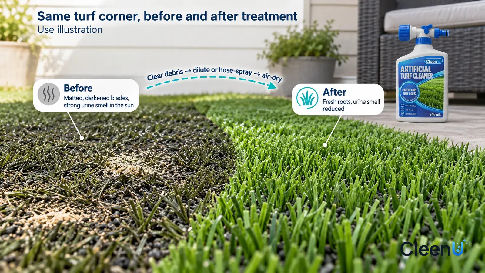 Illustration: CleenU Artificial Turf Cleaner — A full-screen low-angle close-up of a corner of artificial turf, in the same side light, people, or pets: the untreated side has matted