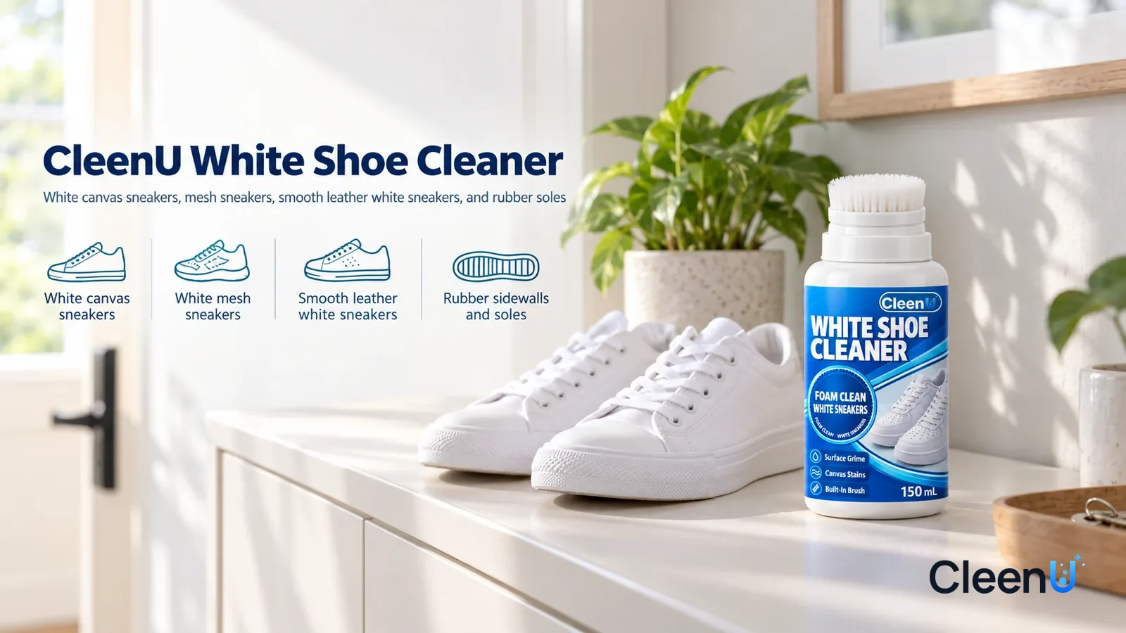 Illustration: CleenU White Shoe Cleaner — A bright, clean entryway, a pair of clean white canvas sneakers (no brand marks of any kind) on the shoe-cabinet top, a potted plant
