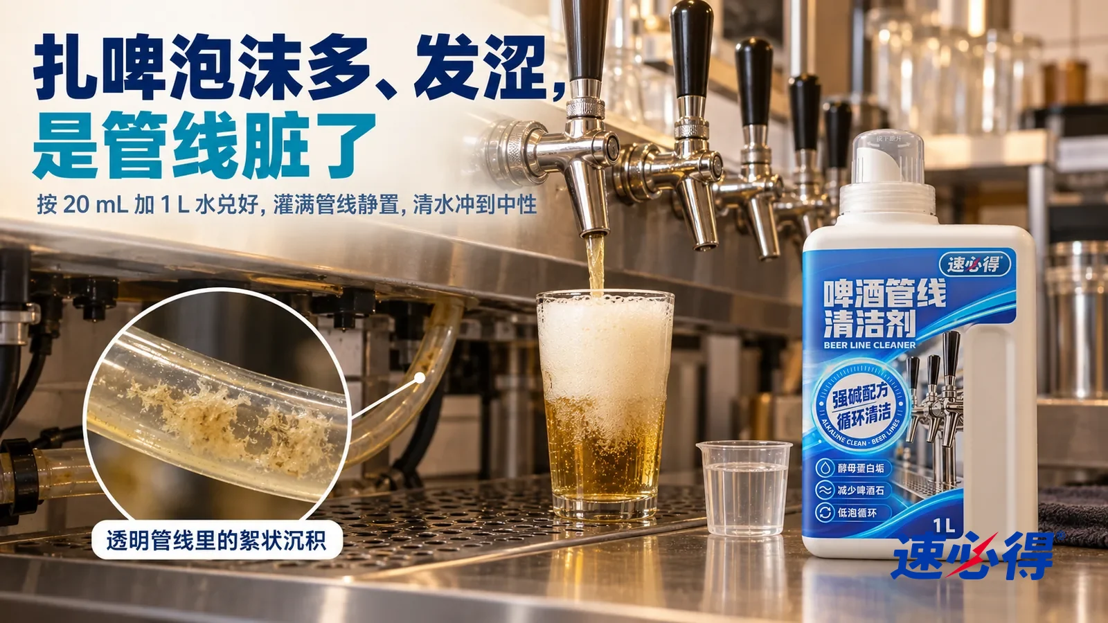 示意图：速必得啤酒管线清洁剂——一家餐厅酒吧的吧台后方，一排没有任何标志的不锈钢酒头和黑色素面手柄，下面接酒槽里一只素面玻璃杯盛着泡沫偏多的出酒；侧光下，标题“扎啤泡沫多、发涩，是管线脏了”