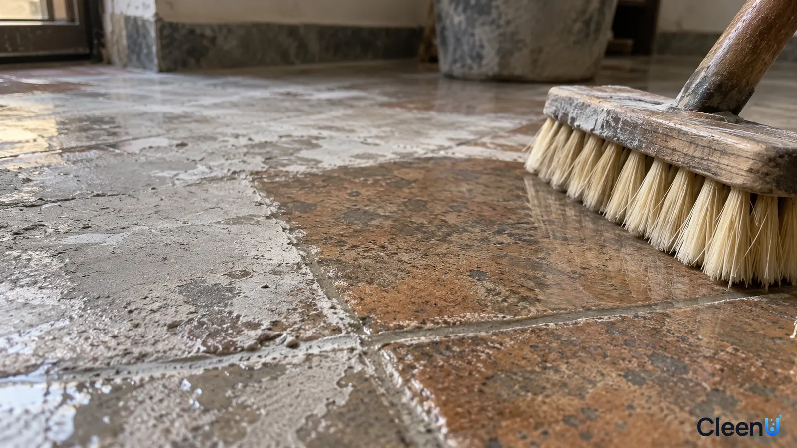 Illustration: Close-up of a floor brush scrubbing gray-white cement haze from tiles.