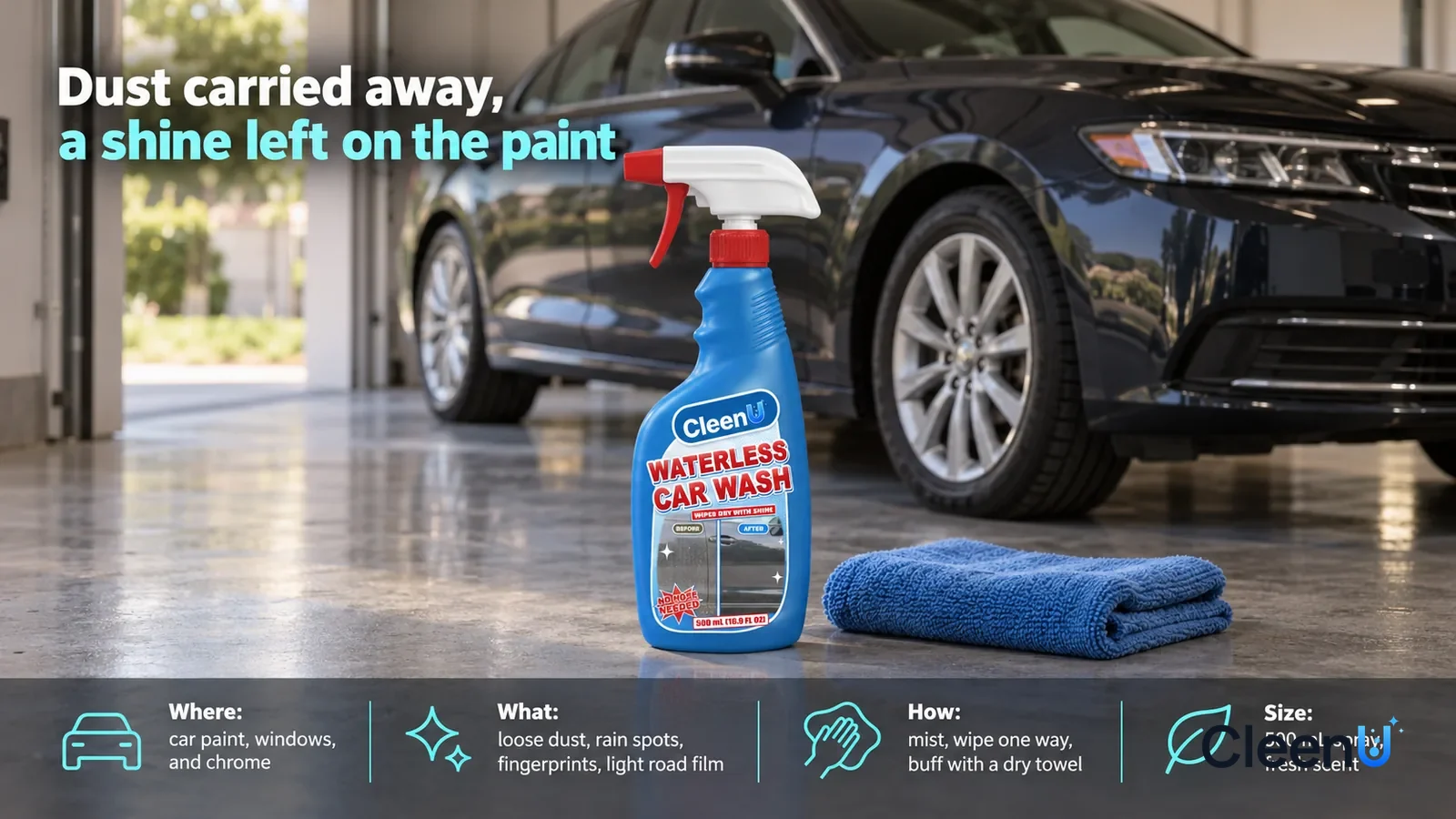 Illustration: CleenU Waterless Car Wash stands centered on the garage floor, a folded blue microfiber towel beside it, a clean dark family sedan (no logos