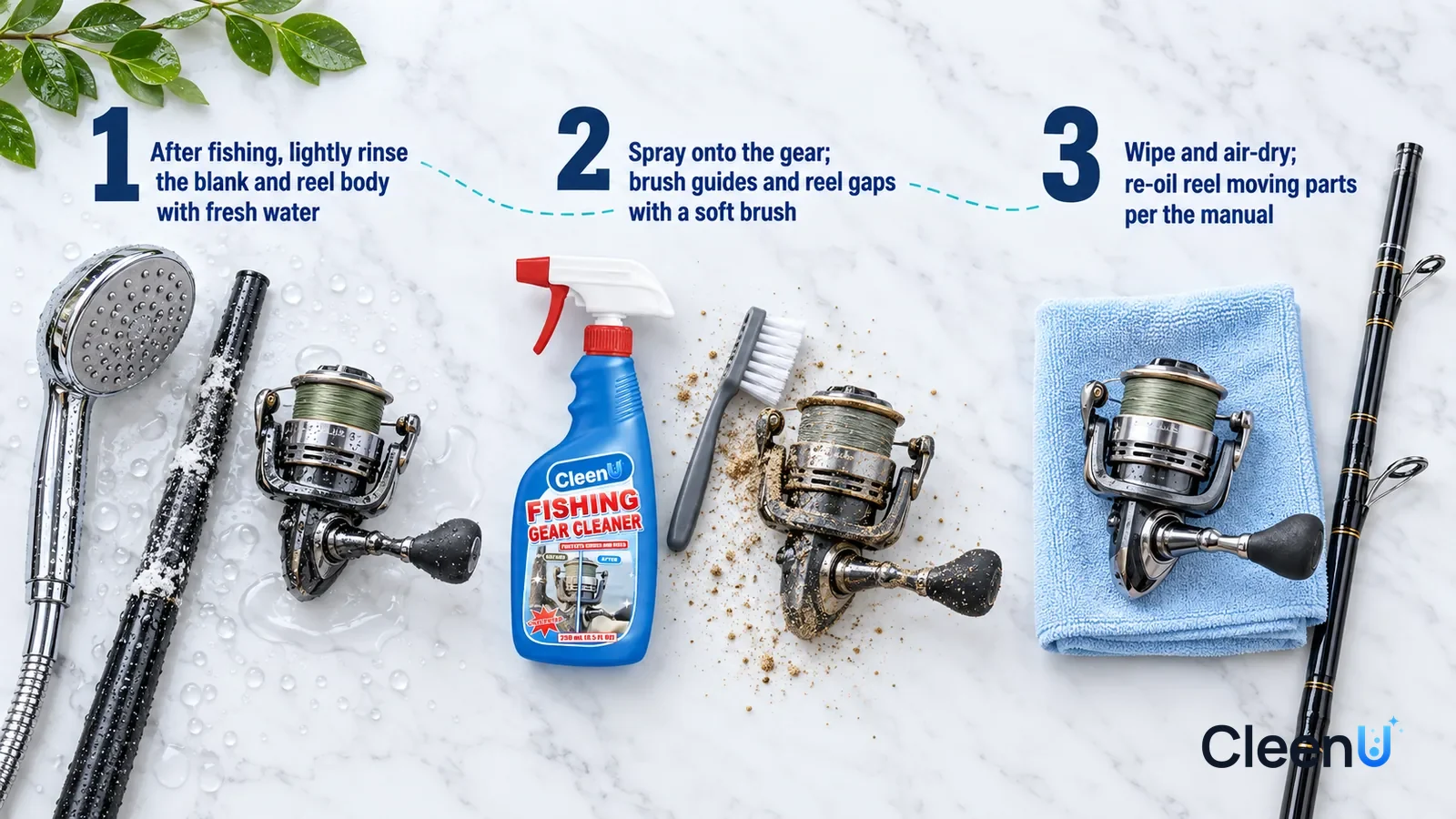 Illustration: CleenU Fishing Gear Cleaner — an overhead shot straight down onto a light marble tabletop, no hands: (1) a handheld shower head and a wet carbon rod section with white sa