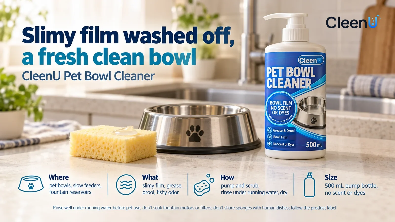 Illustration: CleenU Pet Bowl Cleaner stands in the right third of the frame on the kitchen counter Headline: "Slimy film washed off, a fresh clean bowl"