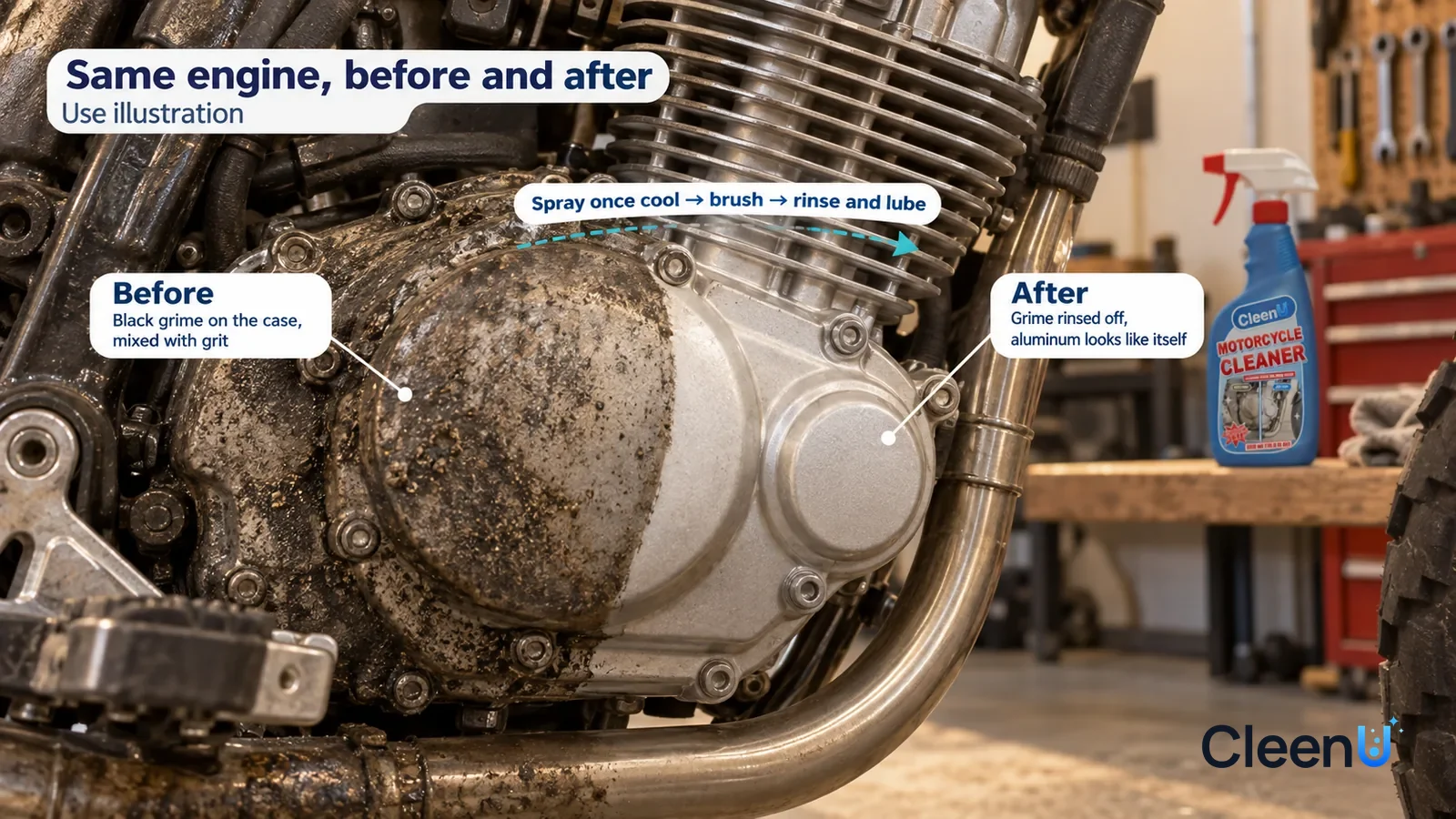 Illustration: CleenU Motorcycle Cleaner — A full-screen low-angle close-up of a motorcycle engine case and cooling fins (no logos