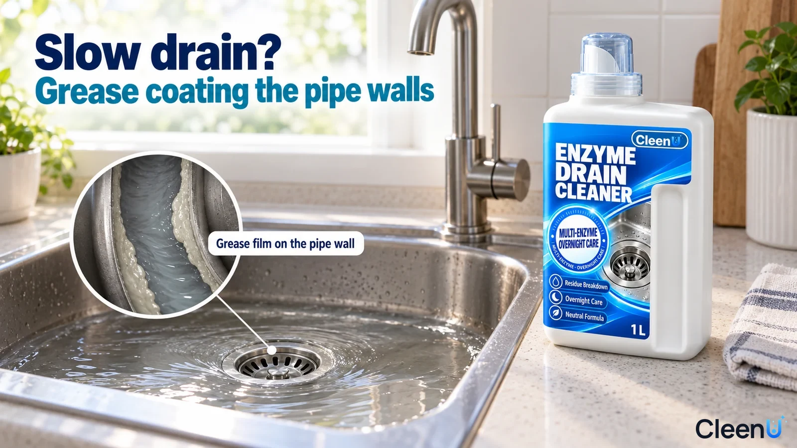 Illustration: A stainless steel kitchen-sink drain, gray pipe-wall residue close-up and white cleaner bottle.