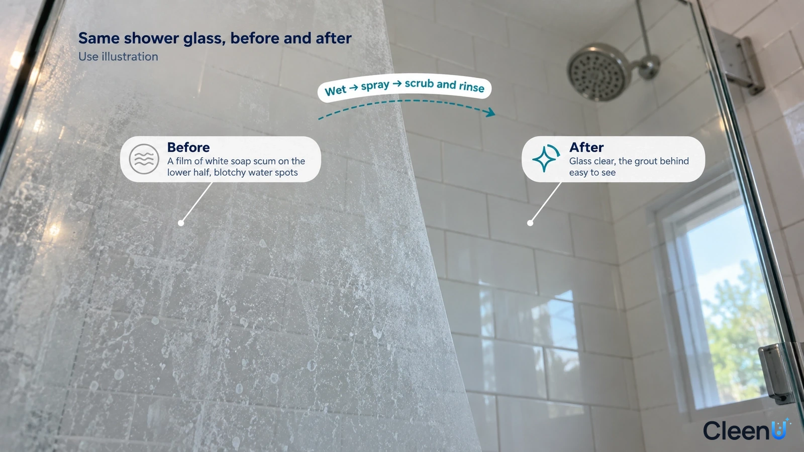 Illustrated shower glass comparison showing soap film beside a clearer area; not a measured cleaning test.