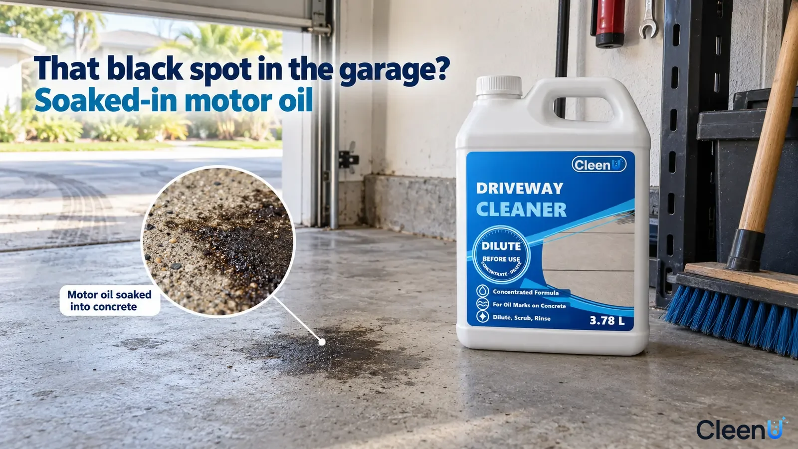 Illustration: A dark motor-oil stain on a garage concrete floor beside a white cleaner jug.