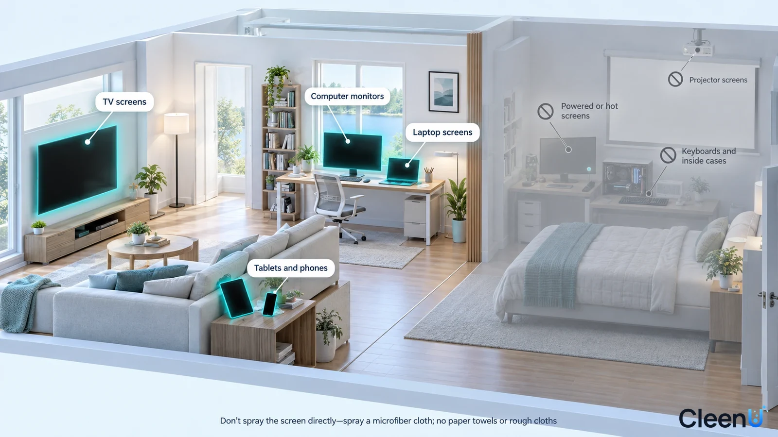 Illustration: Highlighted home TVs, monitors, laptops and tablets beside equipment precautions.