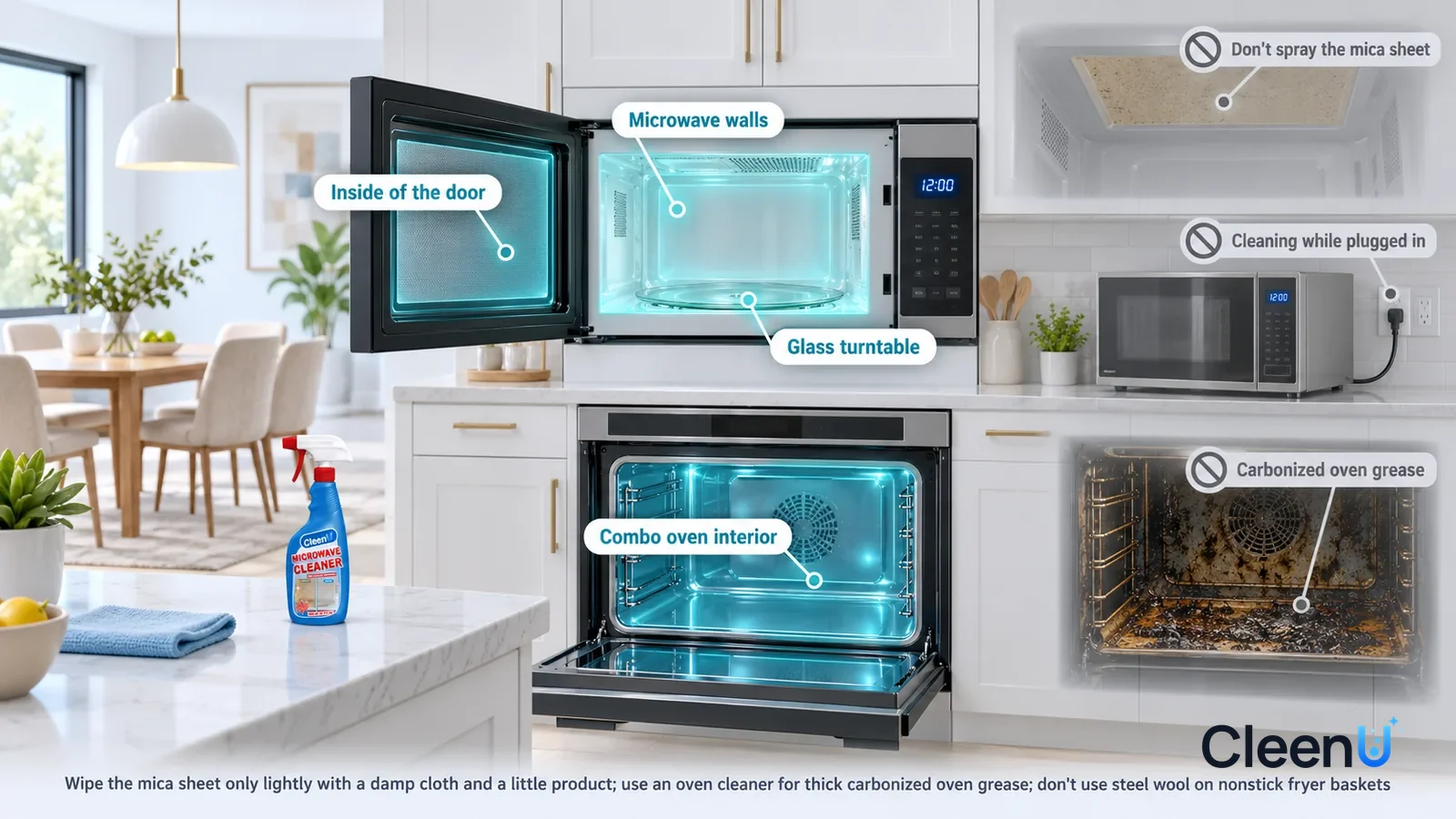 Illustration: CleenU Microwave Cleaner — A realistic 3D cutaway of a bright home's kitchen and dining area, one continuous space from one viewpoint, no bottle: the microwave walls